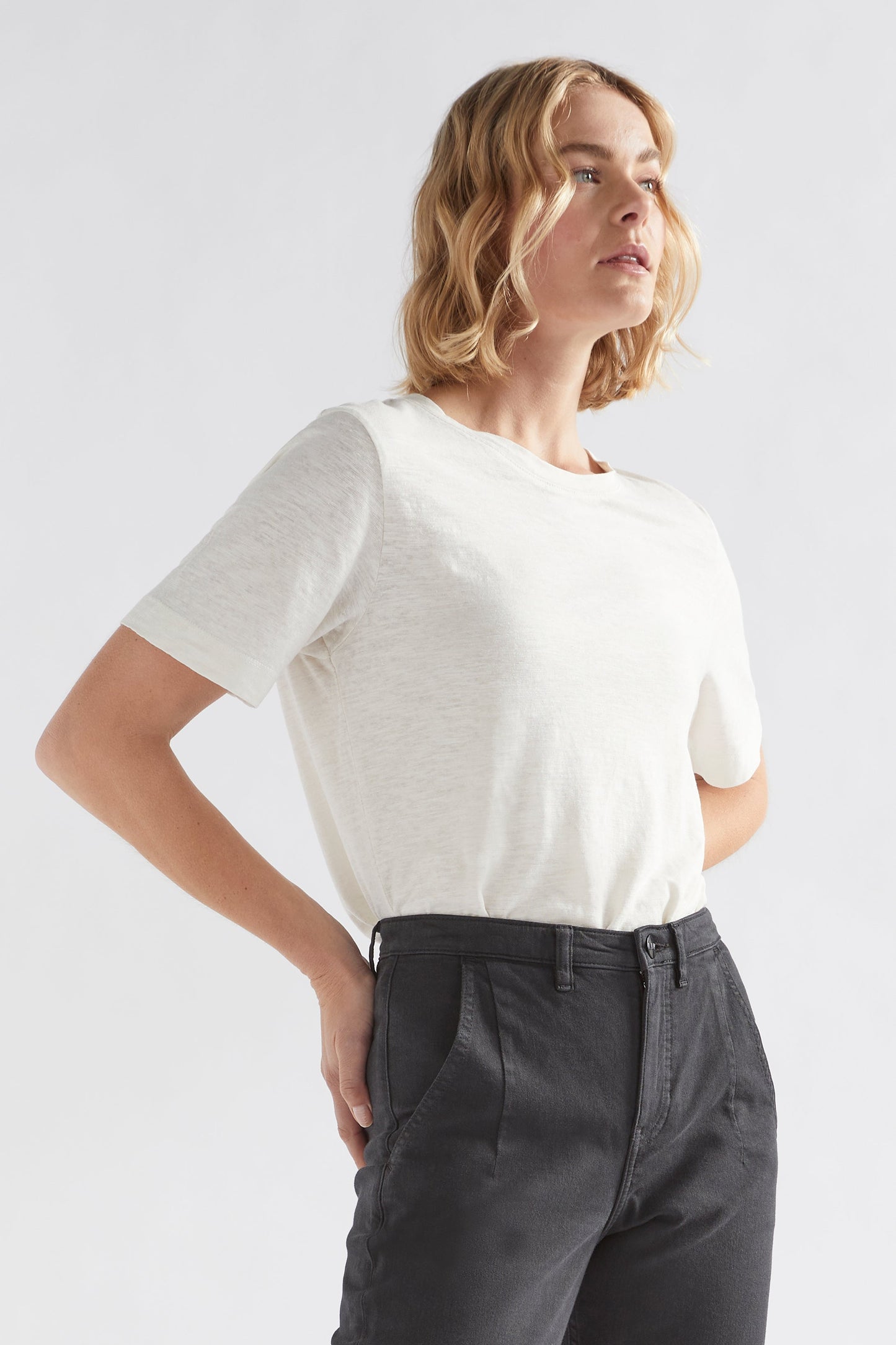 Jaana Organic Cotton and Hemp Jersey Crew Neck Tshirt Model Front Tucked | WHITE