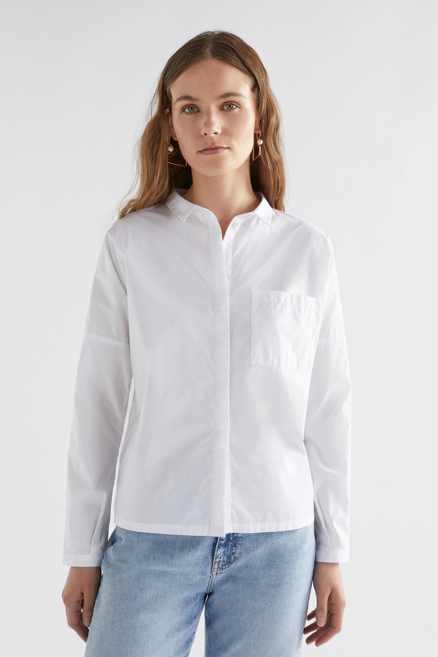 Rinna Organic Cotton White Everyday Shirt with Front Pocket Model Front Untucked | WHITE