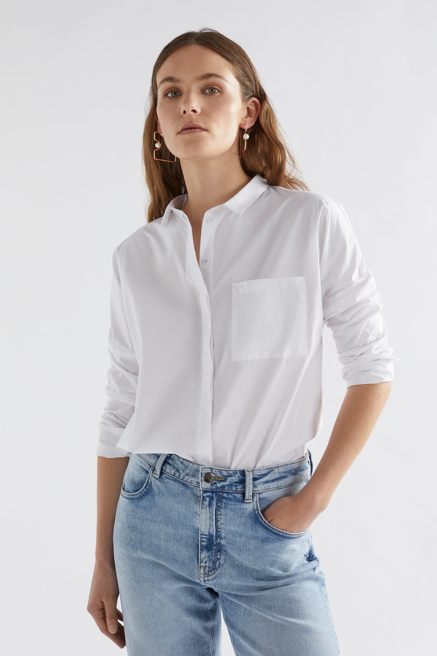 Rinna Organic Cotton White Everyday Shirt with Front Pocket Model Front | WHITE