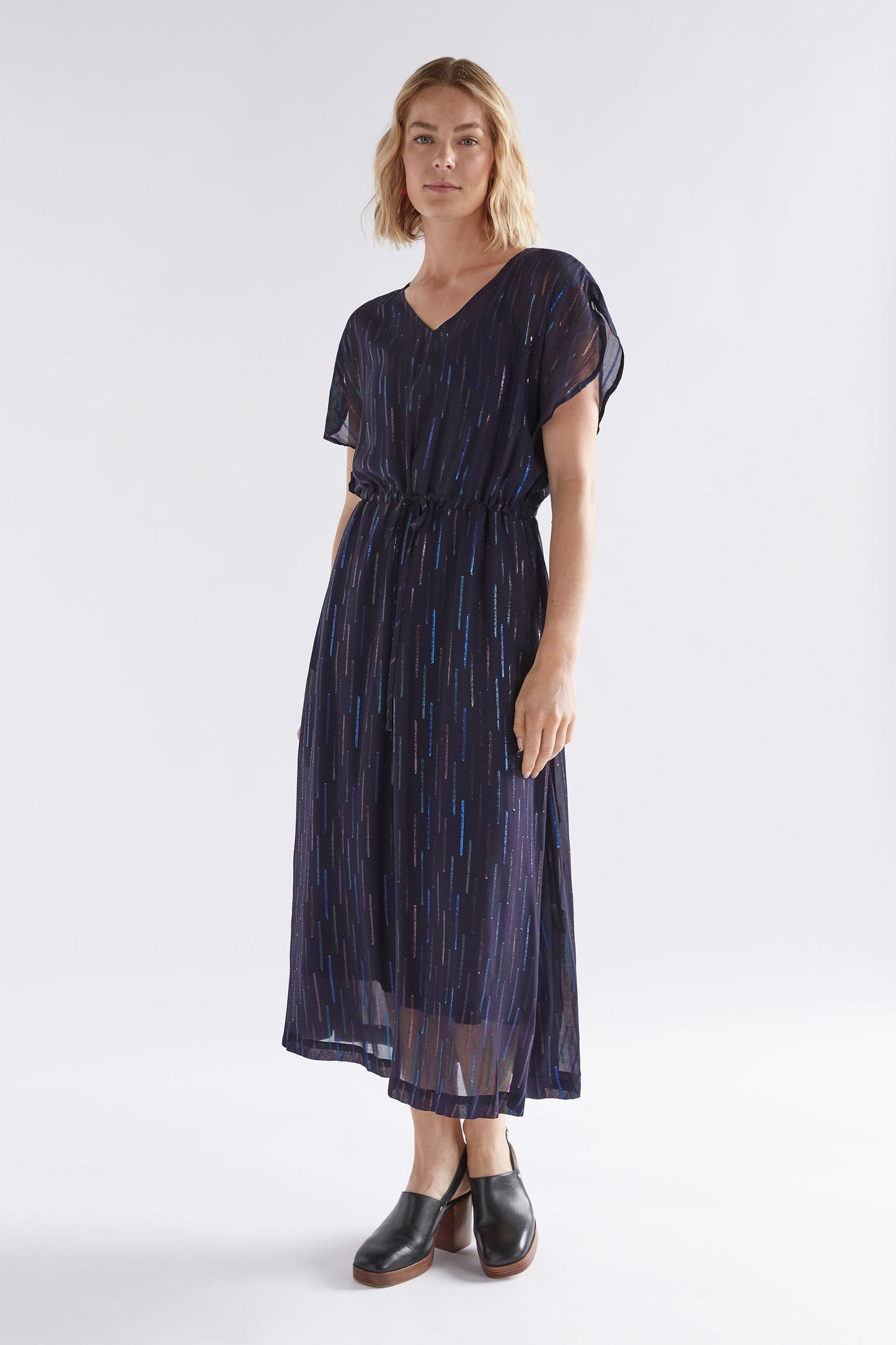 Glimmer V-Neck Drawstring Metallic Fabric Evening Dress Model Front 2 | NAVY METALLIC