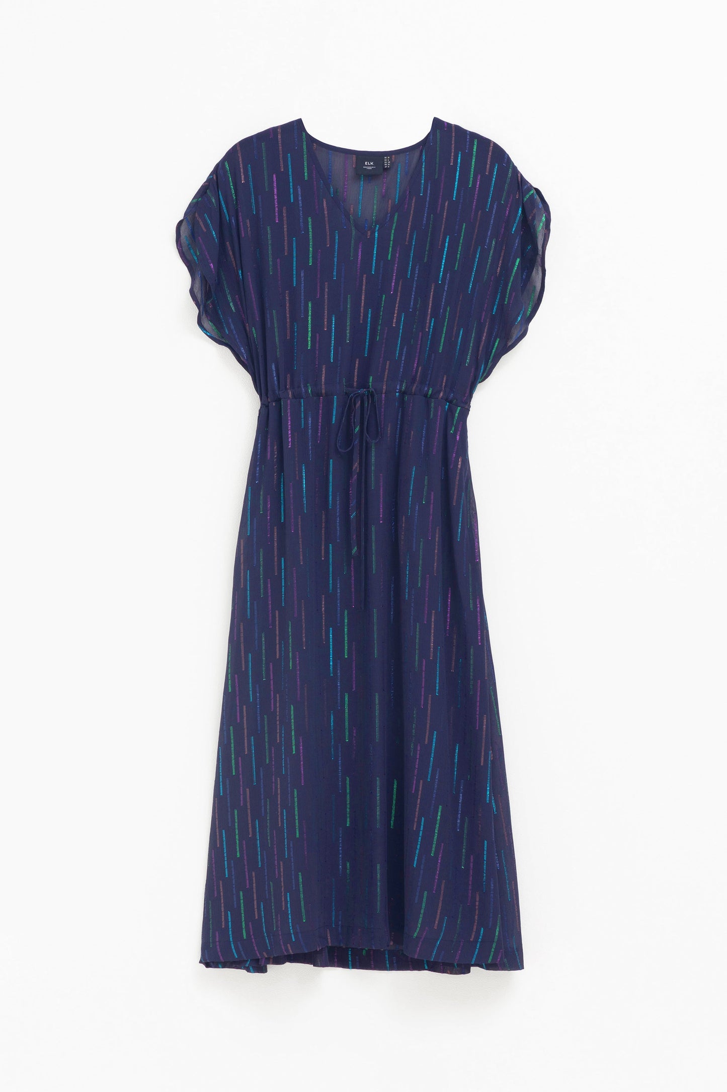 Glimmer V-Neck Drawstring Metallic Fabric Evening Dress Front | NAVY METALLIC