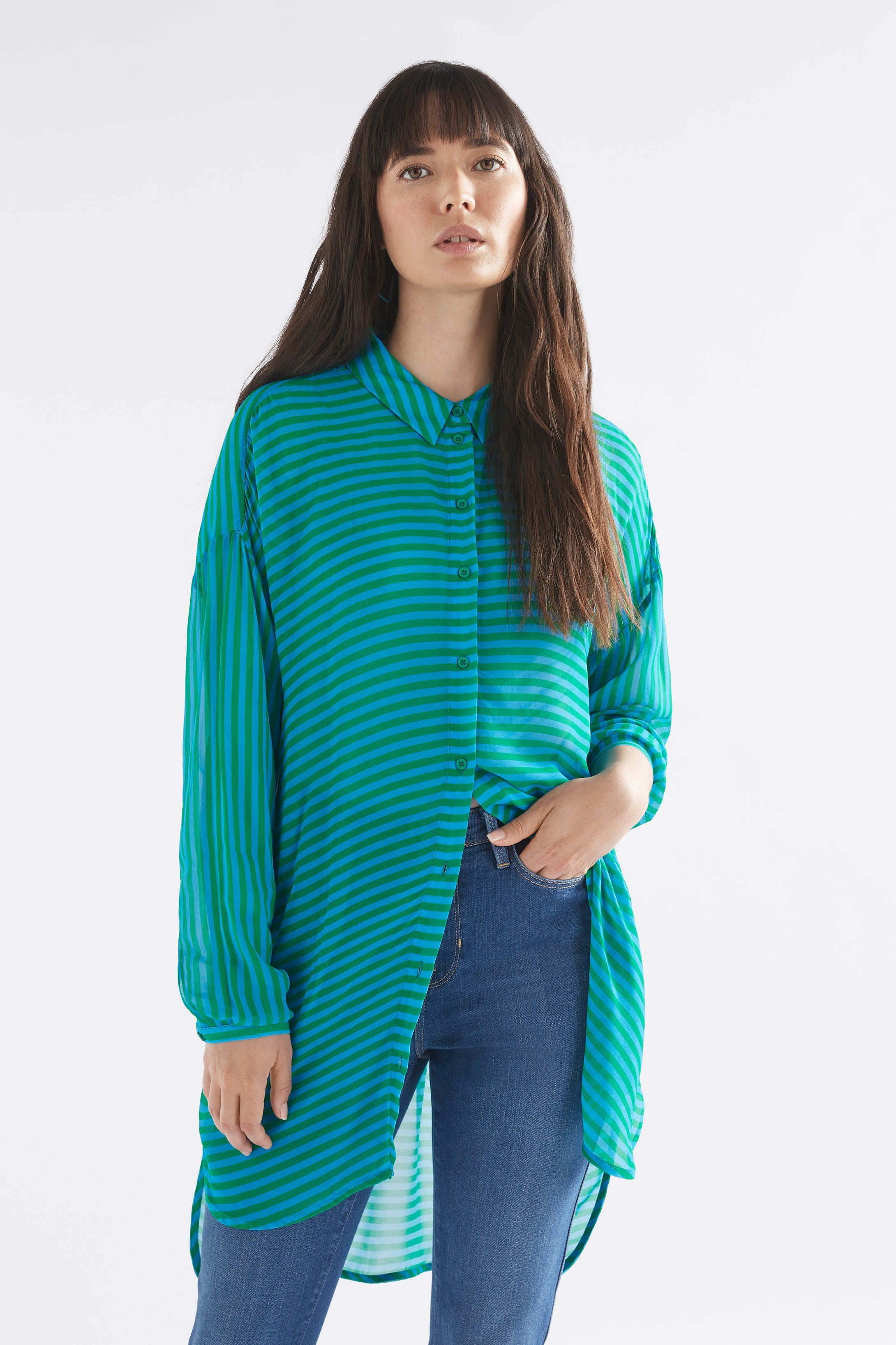 Eir Dropped Shoulder Sheer Striped Shirt Model Front | GREEN STRIPE