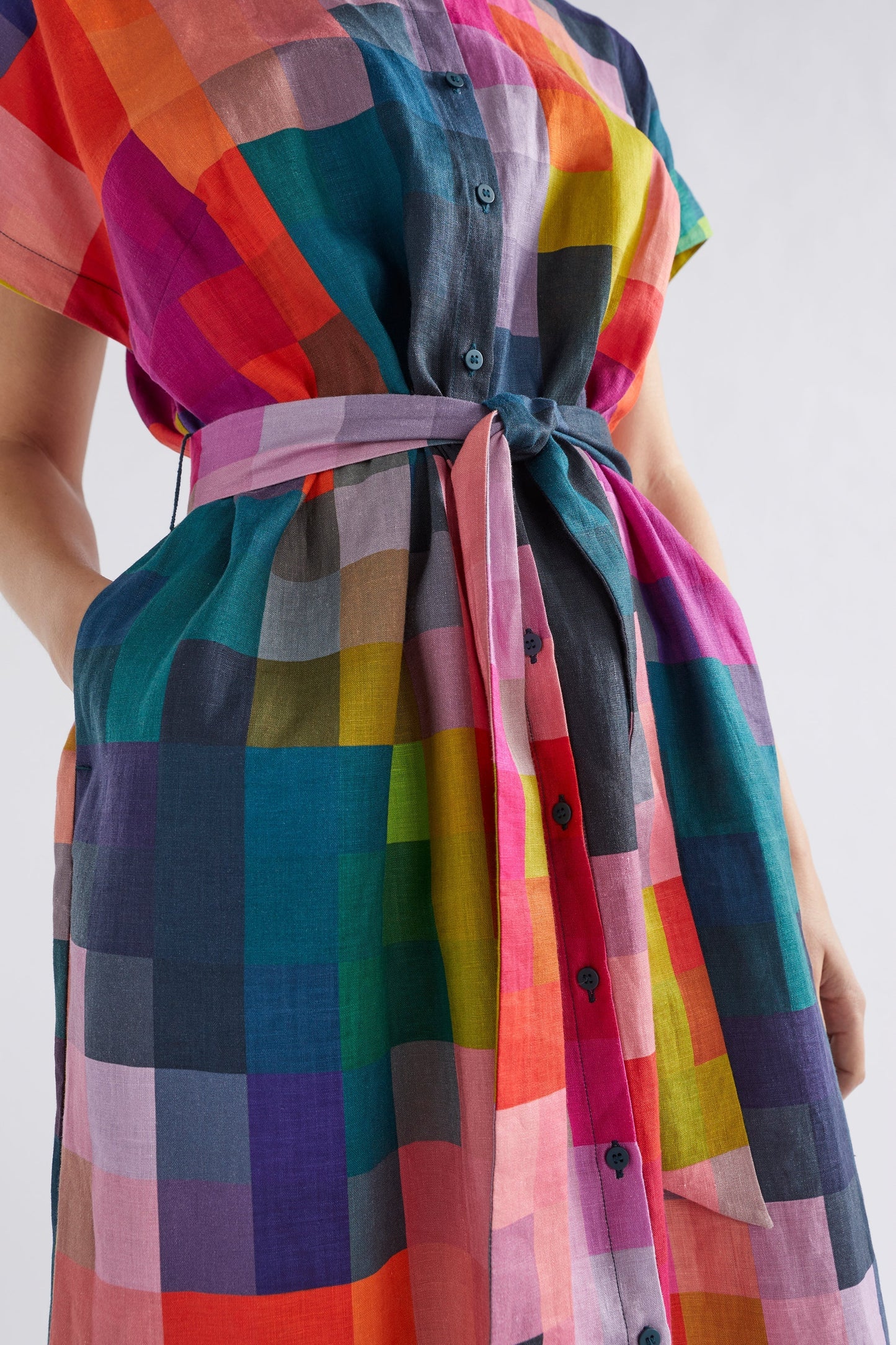 Tilko Linen Check Midi Shirt Dress Model Front Detail | PIXEL PRINT
