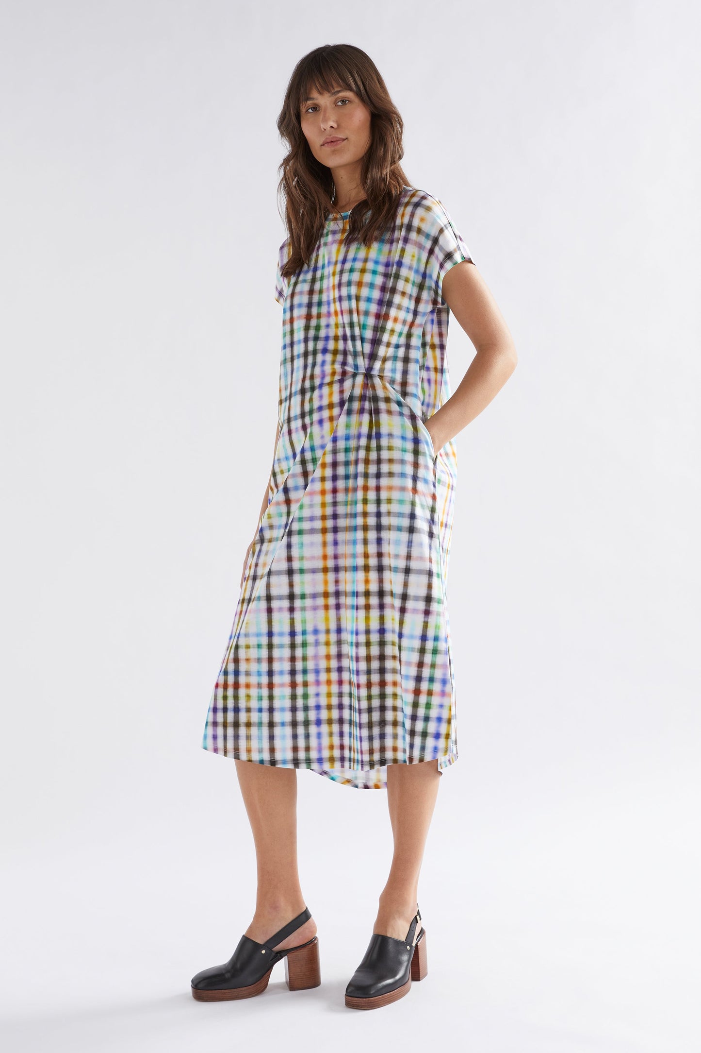 Bodil Organic Cotton Jersey Asymmetric Gathered Tee Dress Model Side | HOLJA CHECK