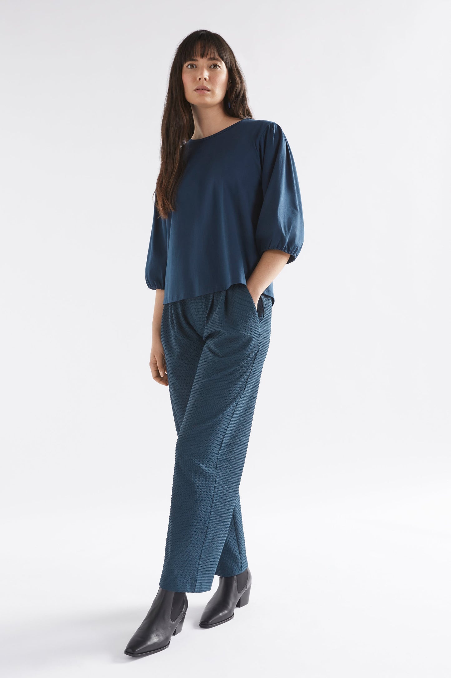 Maer Organic Cotton Balloon Sleeve Jersey Top Model Angled Front Full Body | DEEP SEA BLUE
