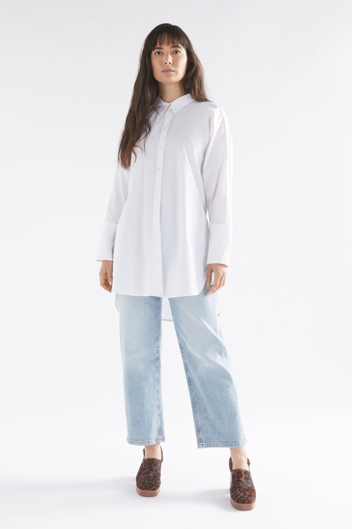 Ligne Long Cotton Shirt Model Front Full Body | WHITE