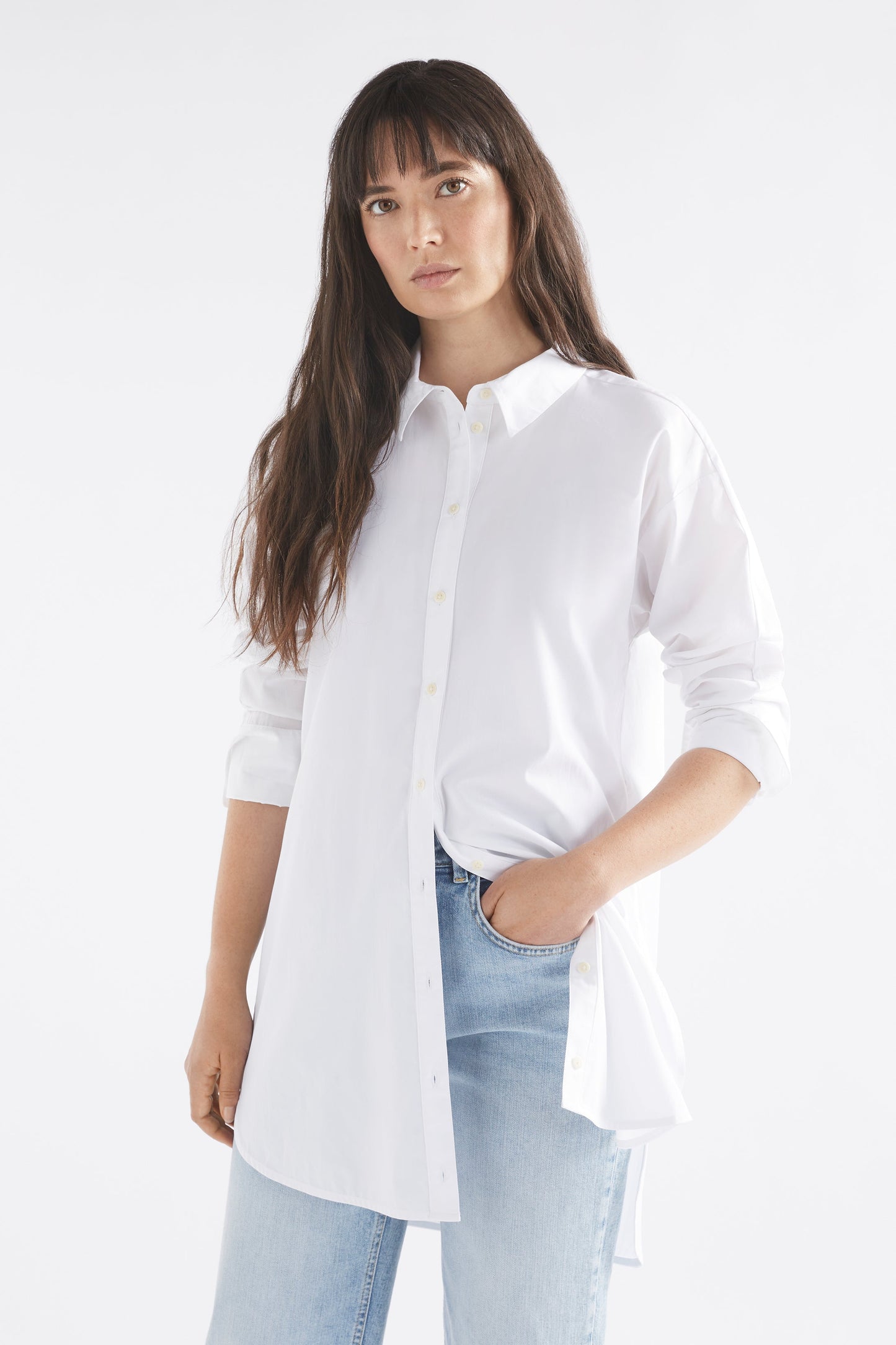 Ligne Long Cotton Shirt Model Front | WHITE