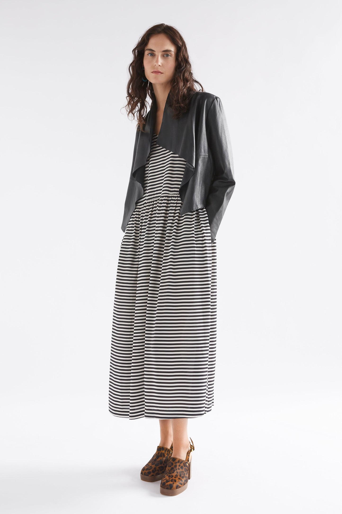 Dea Scoop Neck Relaxed Striped Midi T Dress Model Front with Fine Leather Jacket | BLACK WHITE