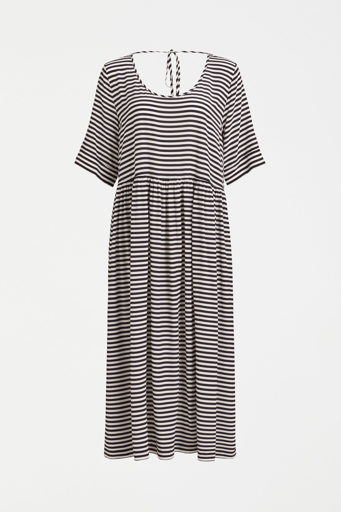 Dea Scoop Neck Relaxed Striped Midi T Dress Front | BLACK WHITE