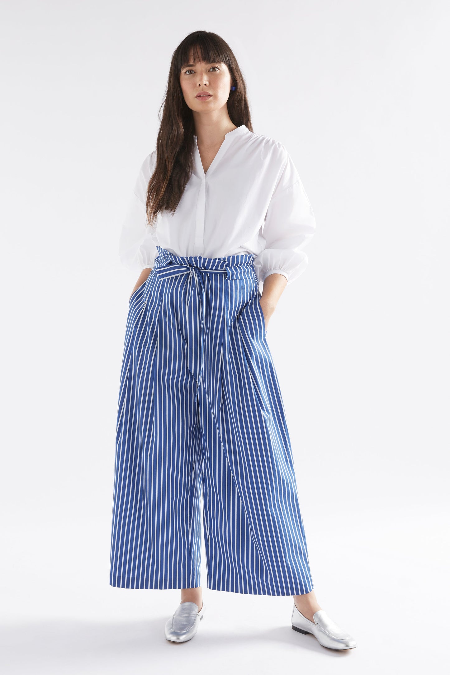 Ligne Wide Leg Paper Bag Waist Cotton Stripe Pant Model Front | BLUE STRIPE