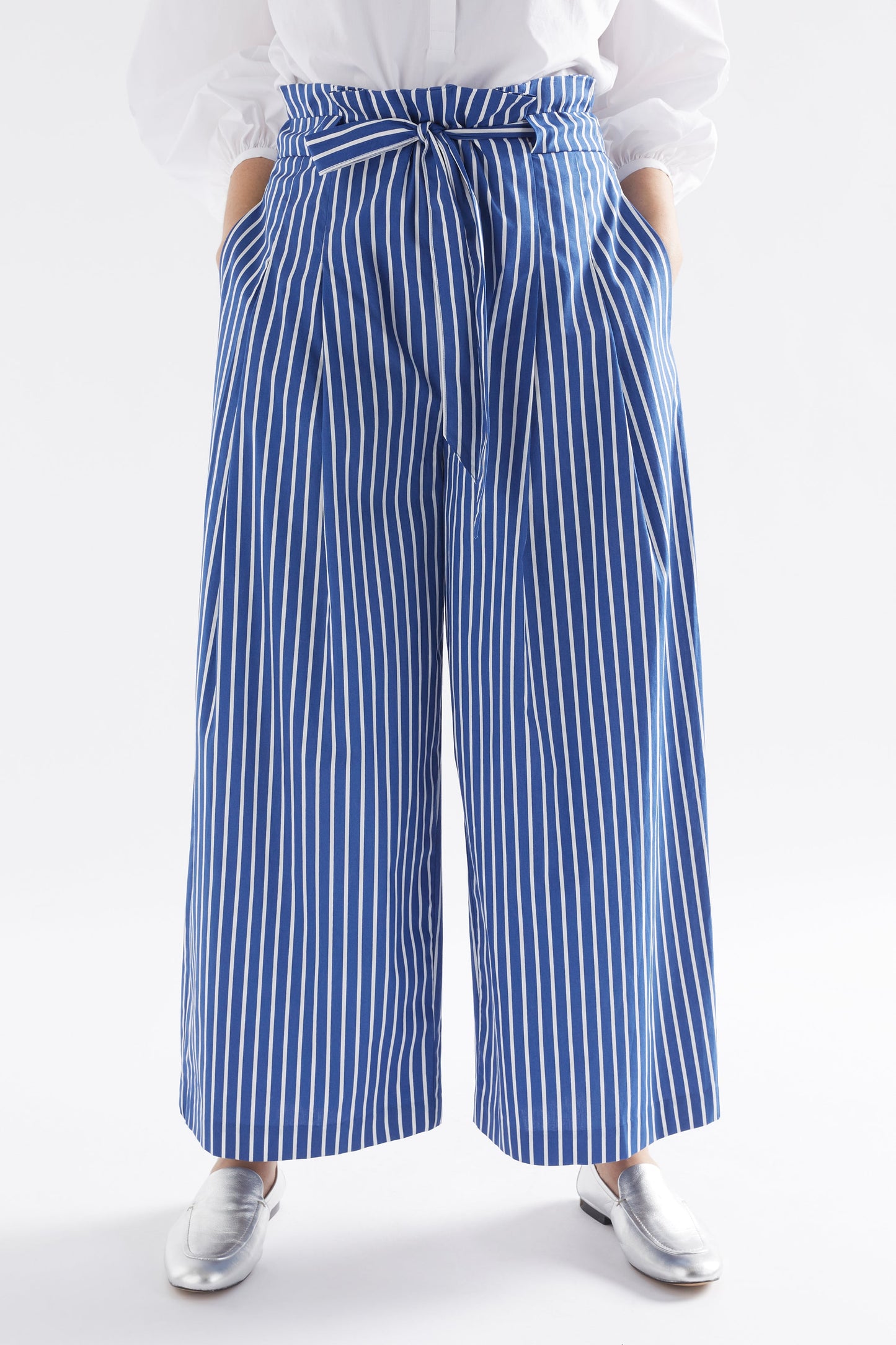 Ligne Wide Leg Paper Bag Waist Cotton Stripe Pant Model Front crop | BLUE STRIPE