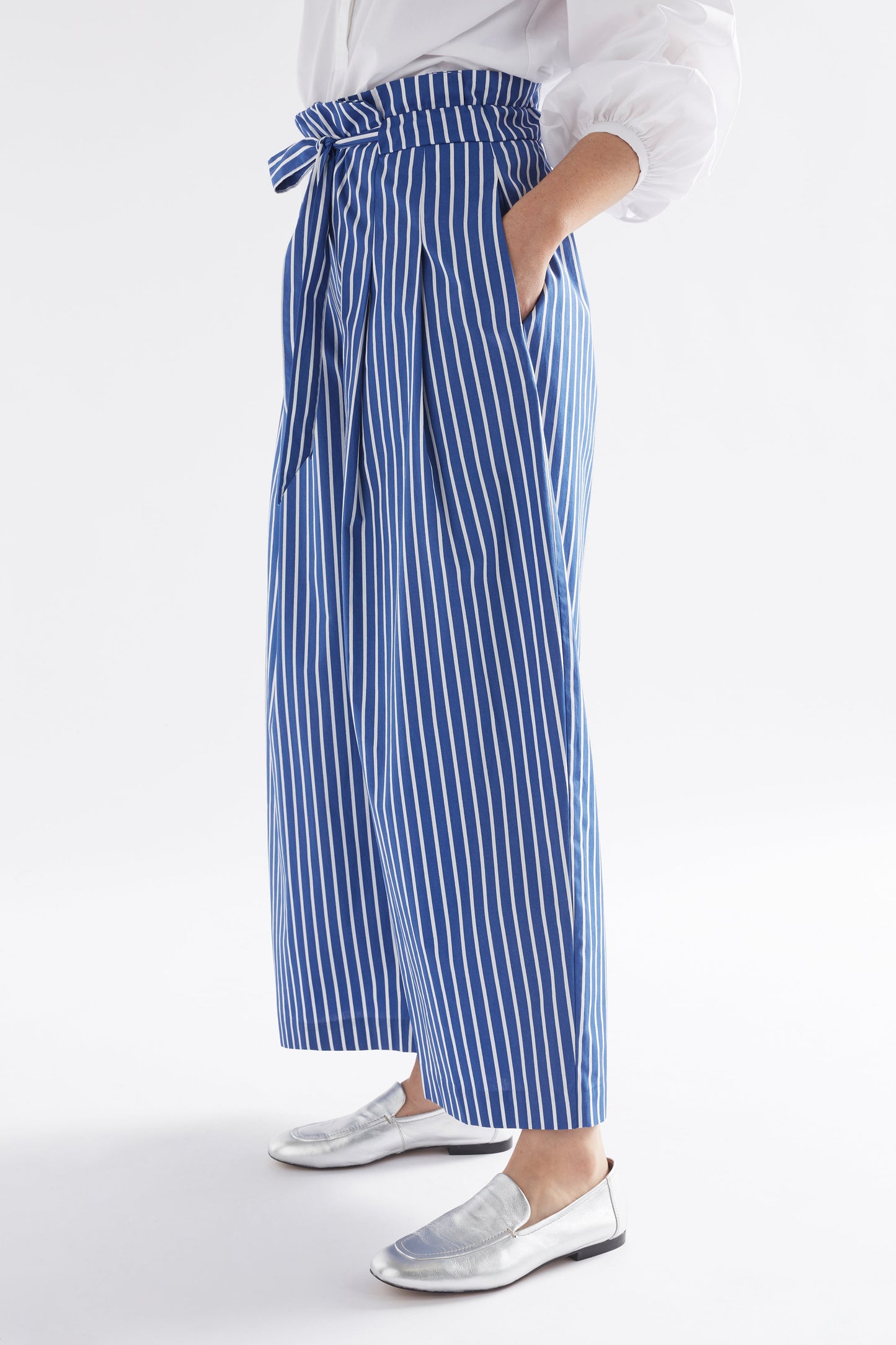 Ligne Wide Leg Paper Bag Waist Cotton Stripe Pant Model Side | BLUE STRIPE
