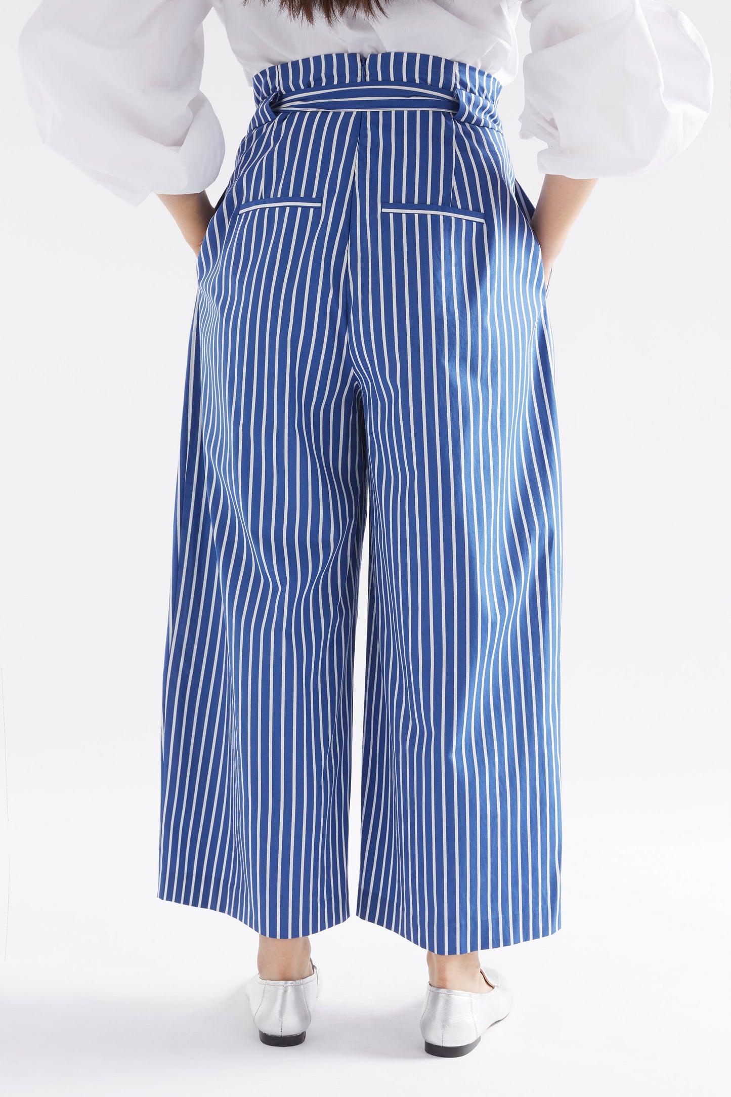 Ligne Wide Leg Paper Bag Waist Cotton Stripe Pant Model Back | BLUE STRIPE