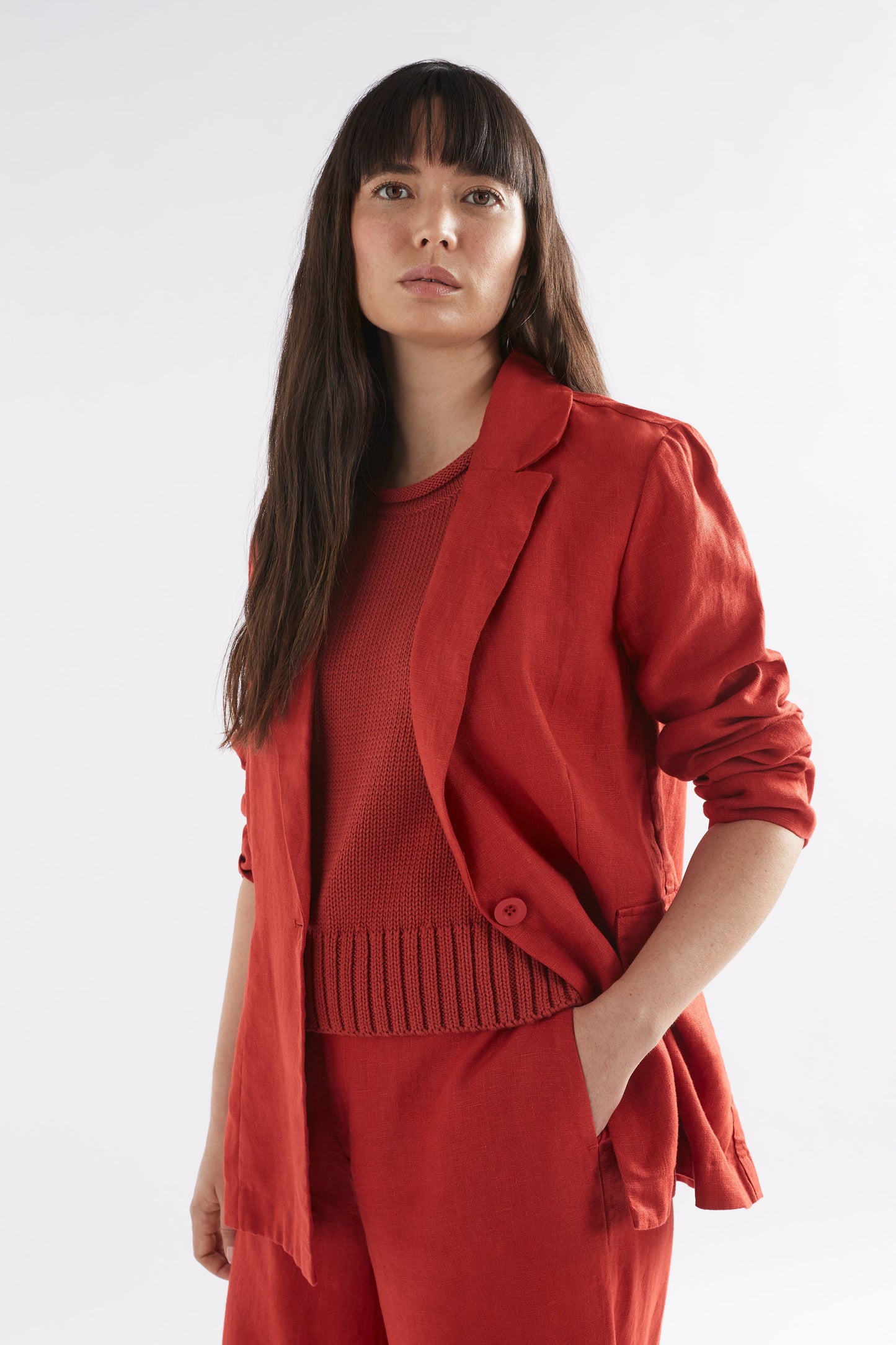 Ilona Linen Single Button Blazer Model Front | SANGRIA
