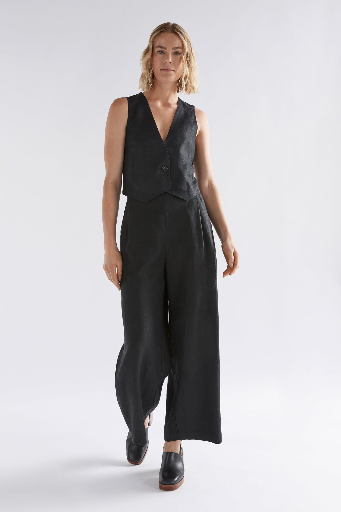 Ilona Linen Cropped Button-up Vest Model with Ilona Pant Full Body Front | BLACK