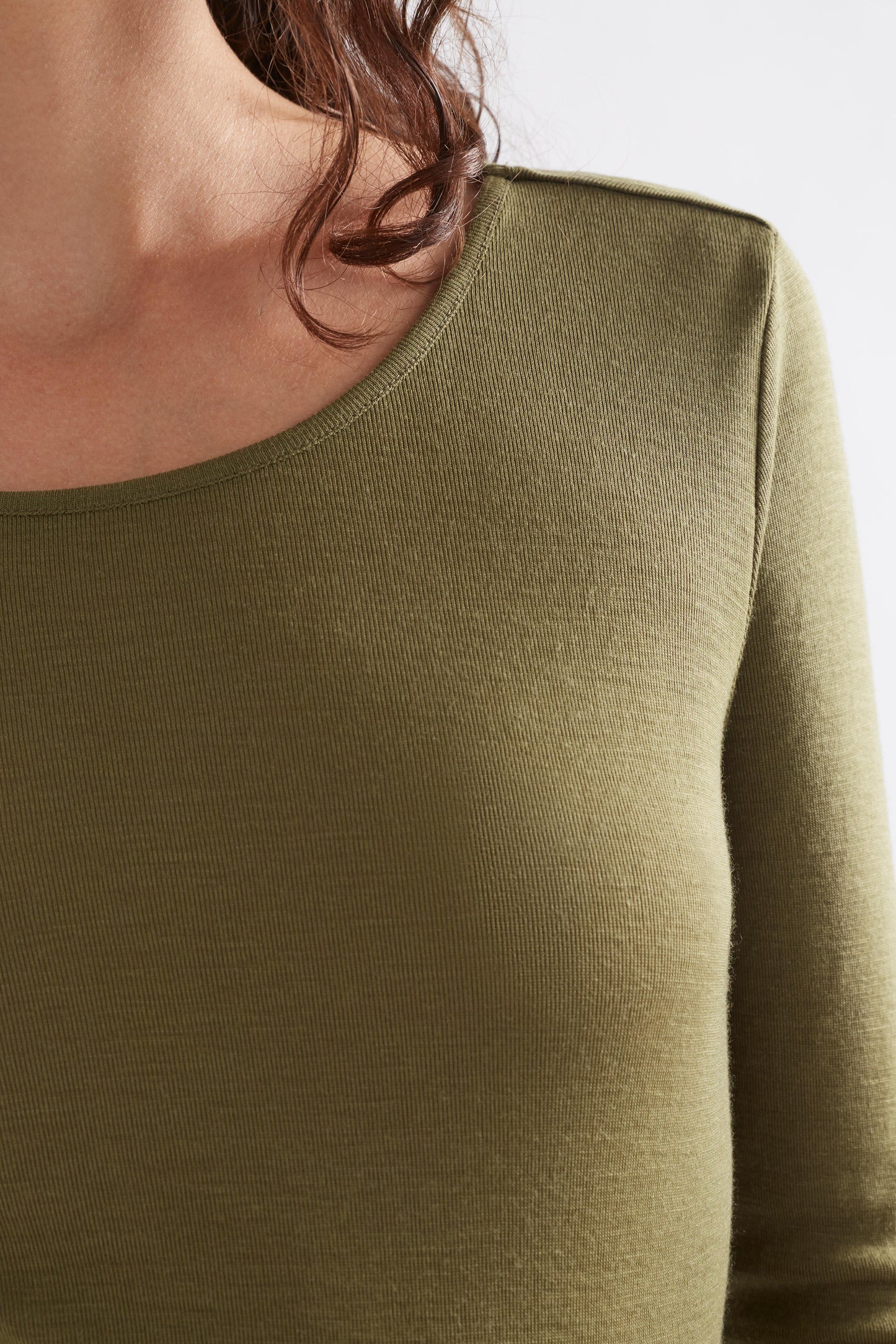 Merino Wool Long Sleeve Skin Top Model Front detail | OLIVE