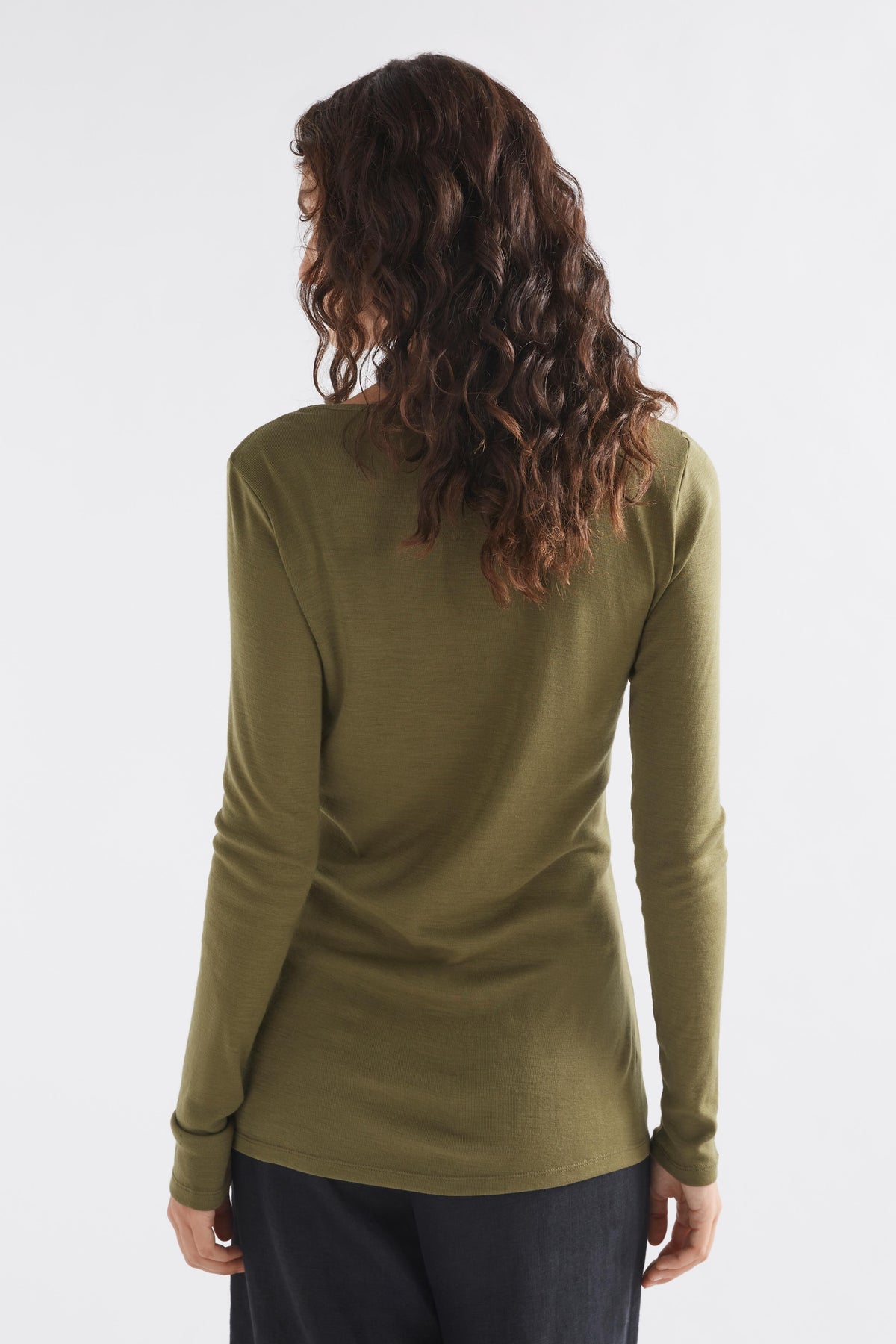 Merino Wool Long Sleeve Skin Top Model Back | OLIVE