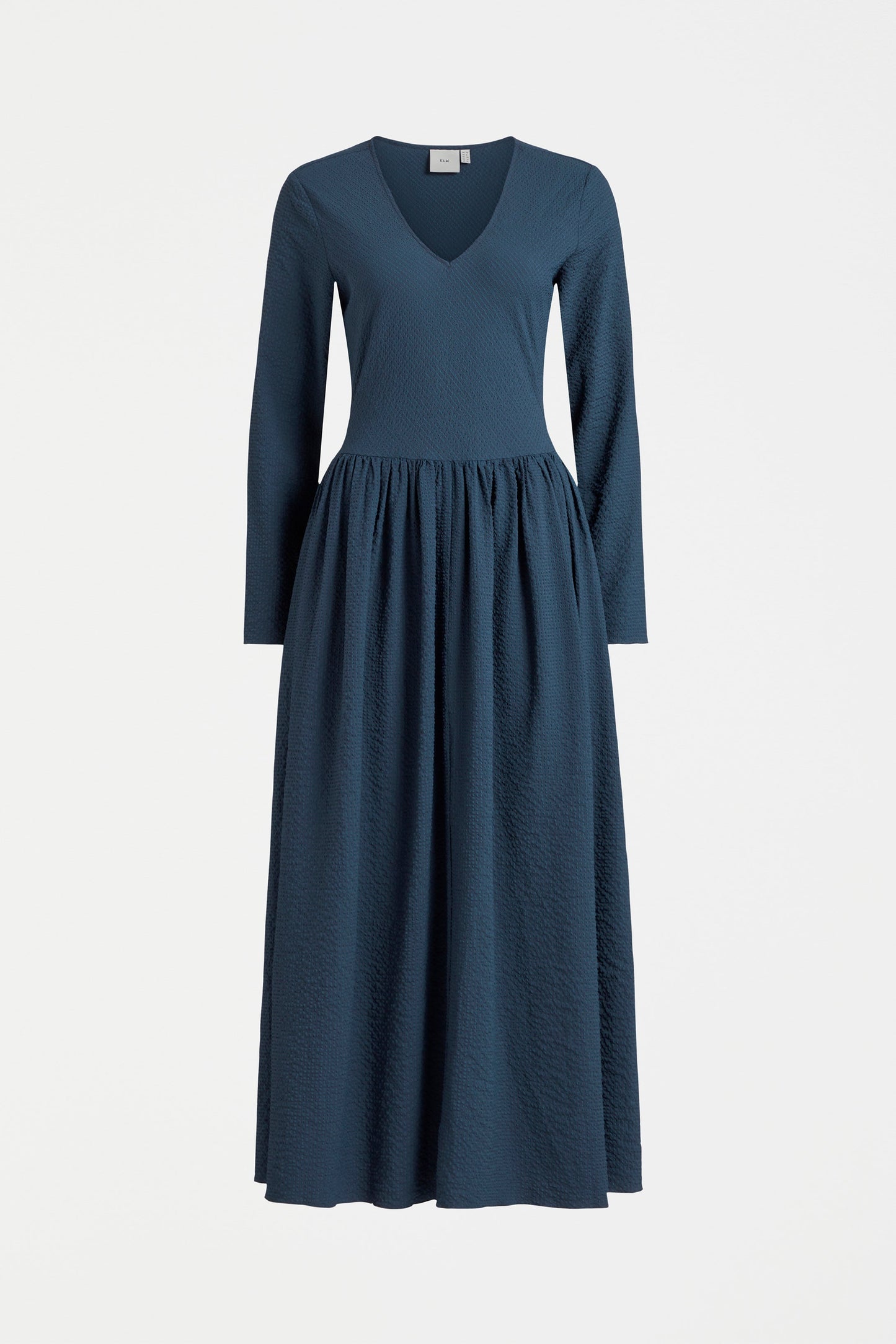 Deor Textured Seersucker-like Long Sleeve V-neck Long Dress Front | DEEP SEA BLUE