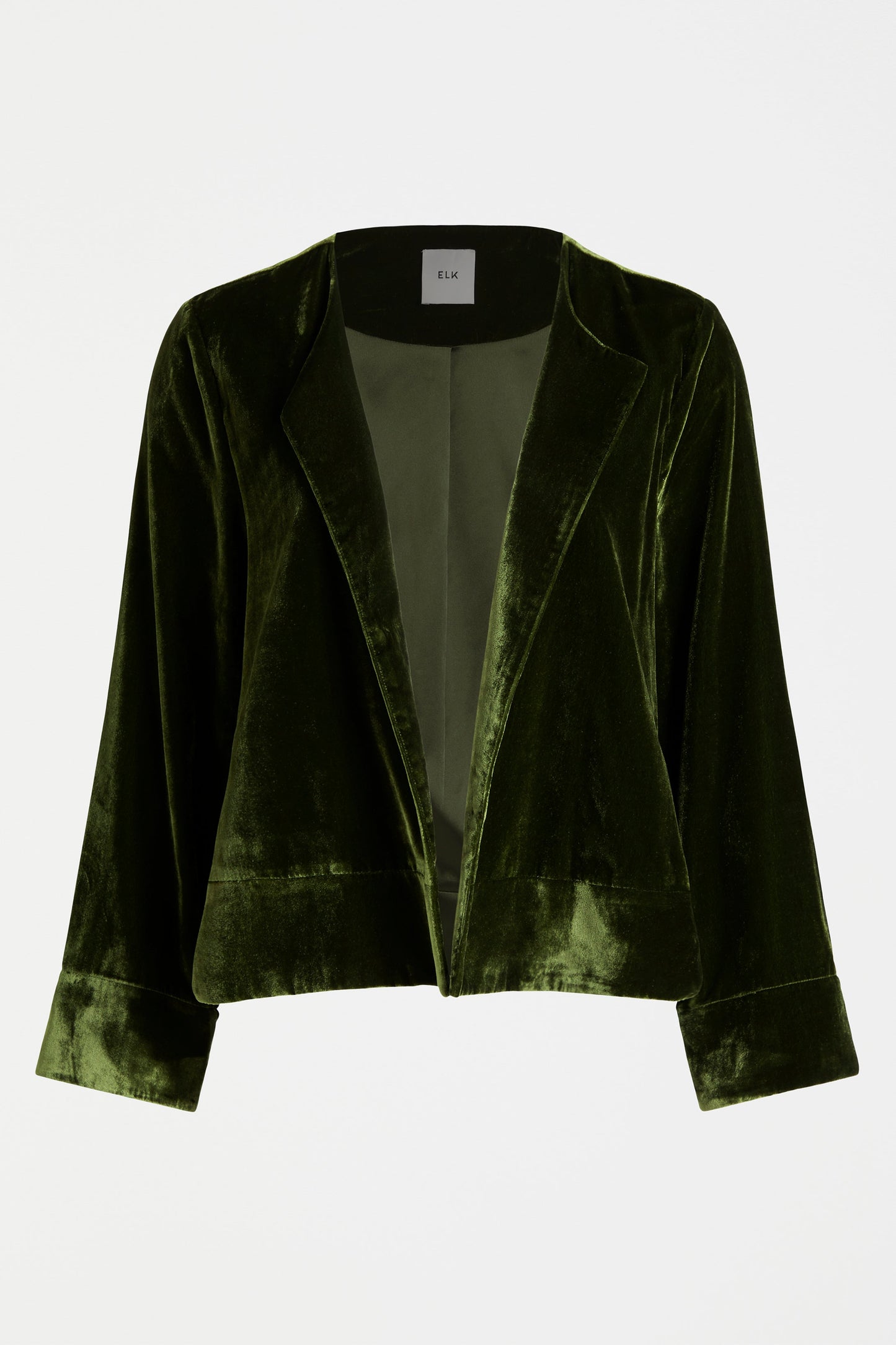 Suuri Open Front Lightweight Velvet Jacket Front | MOSS GREEN