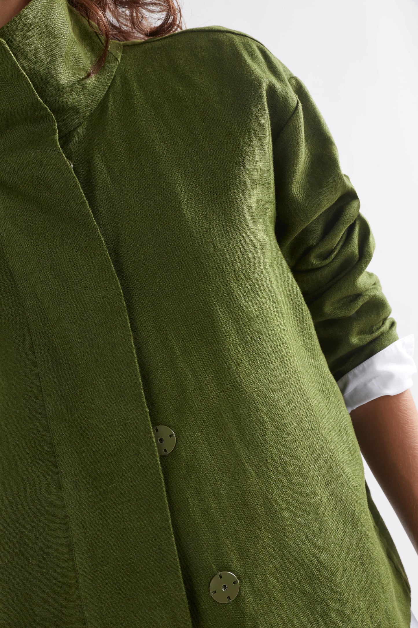 Hofer Funnel Neck Linen Snap Closure Short Jacket Model Front Detail | OLIVE