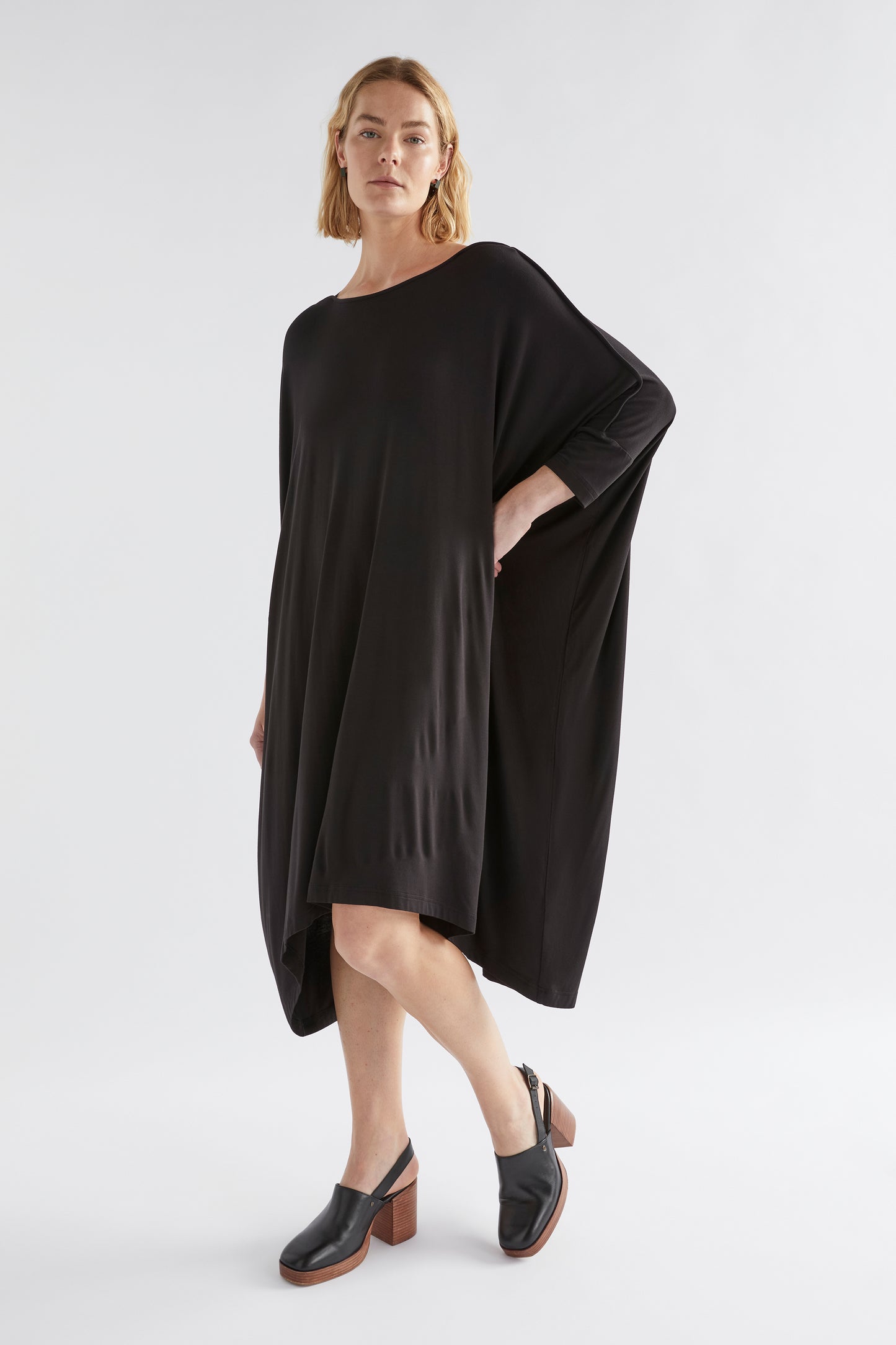 Wide Stretch Classic Jersey Dress Model Jess Front Angled | Black