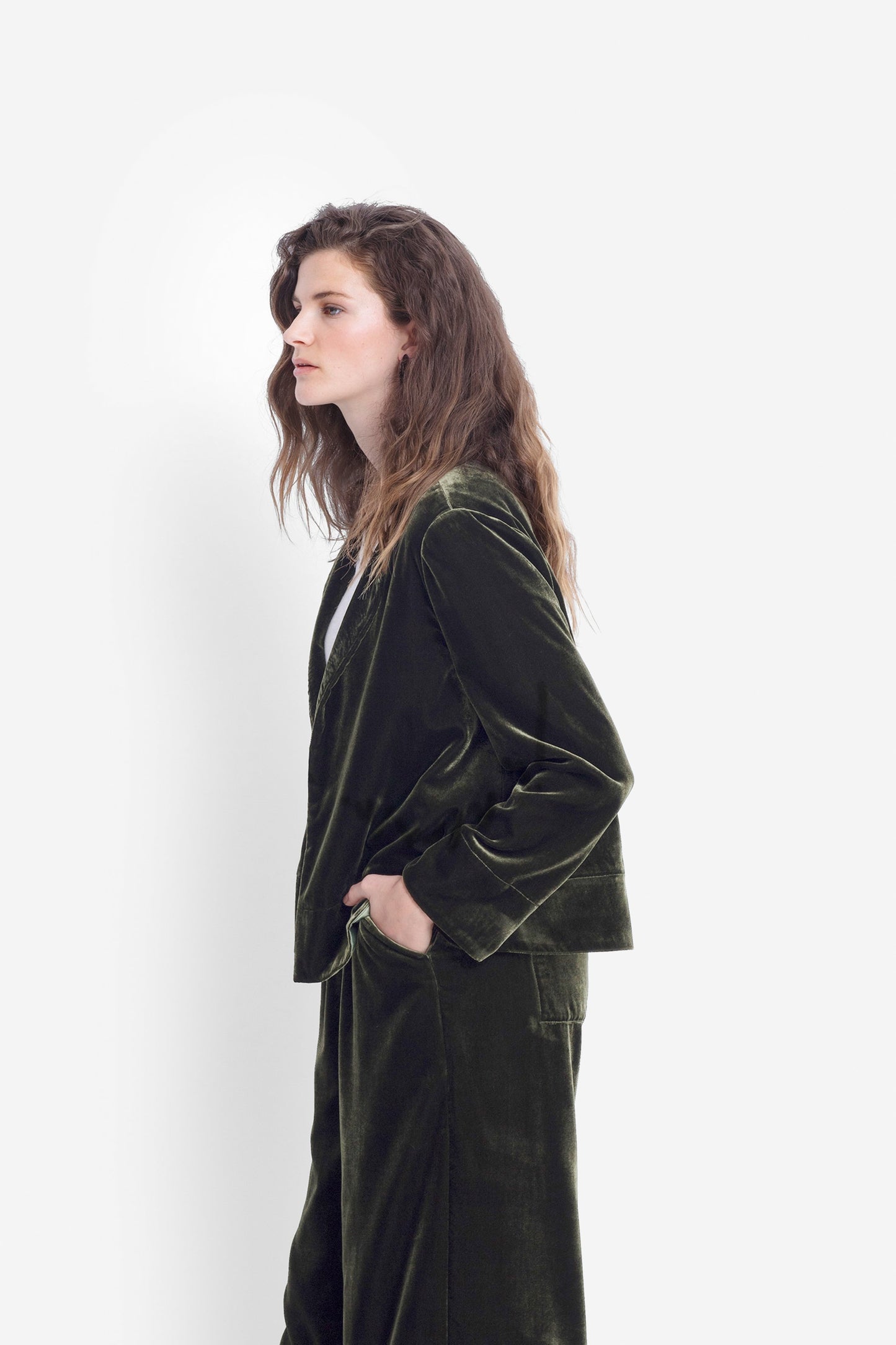Metti Luxe Draped Velvet Jacket Model Side OLIVE