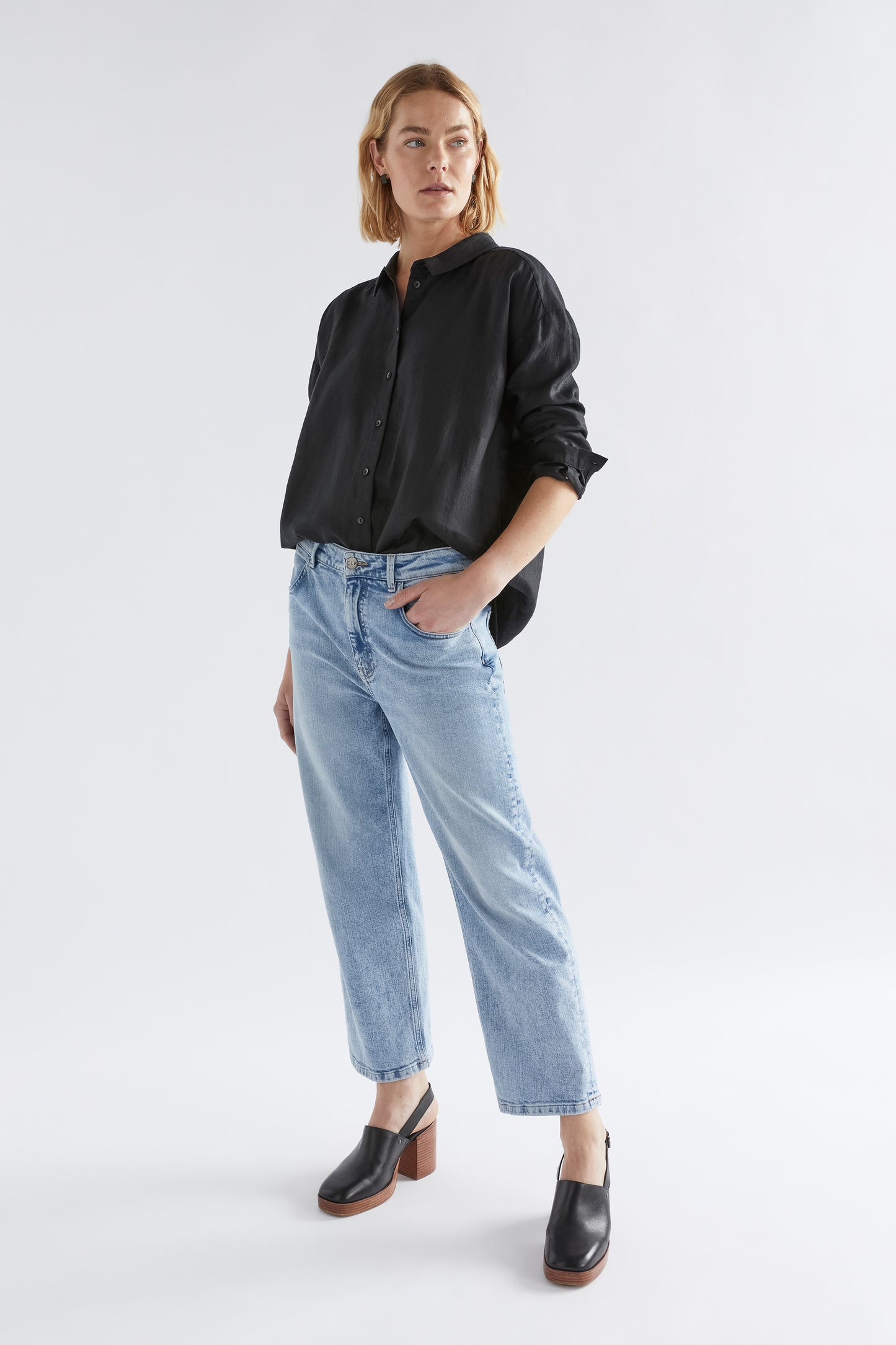 Yenna French Linen Shirt Model Front Angeled Tucked Full body | BLACK