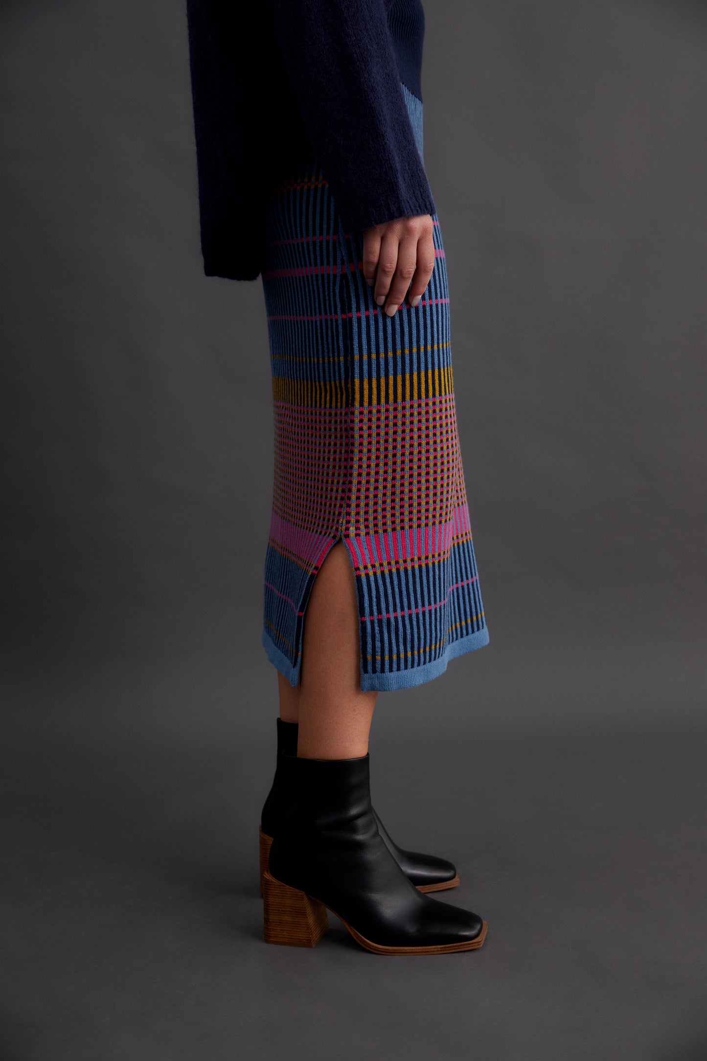 Cila Statement Multi Coloured Check Cotton Knit Midi Skirt Model Side Detail | PINK MULTI