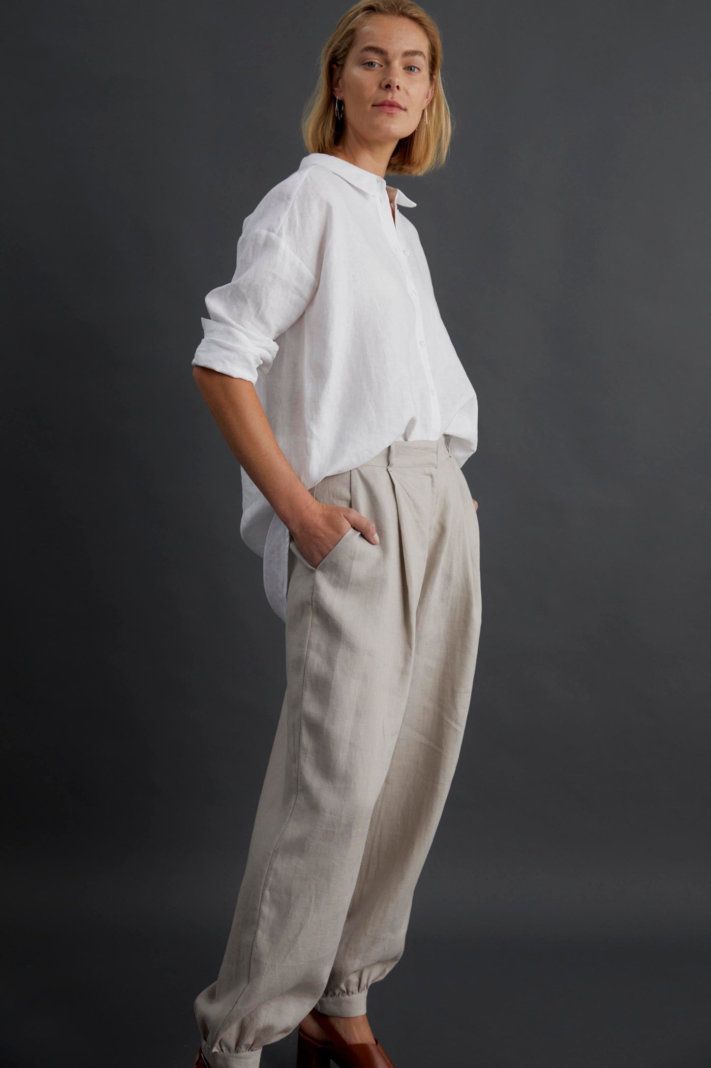 Taye Tapered French Linen Harem Pants Model Front Full Body campaign | BYRON BEIGE