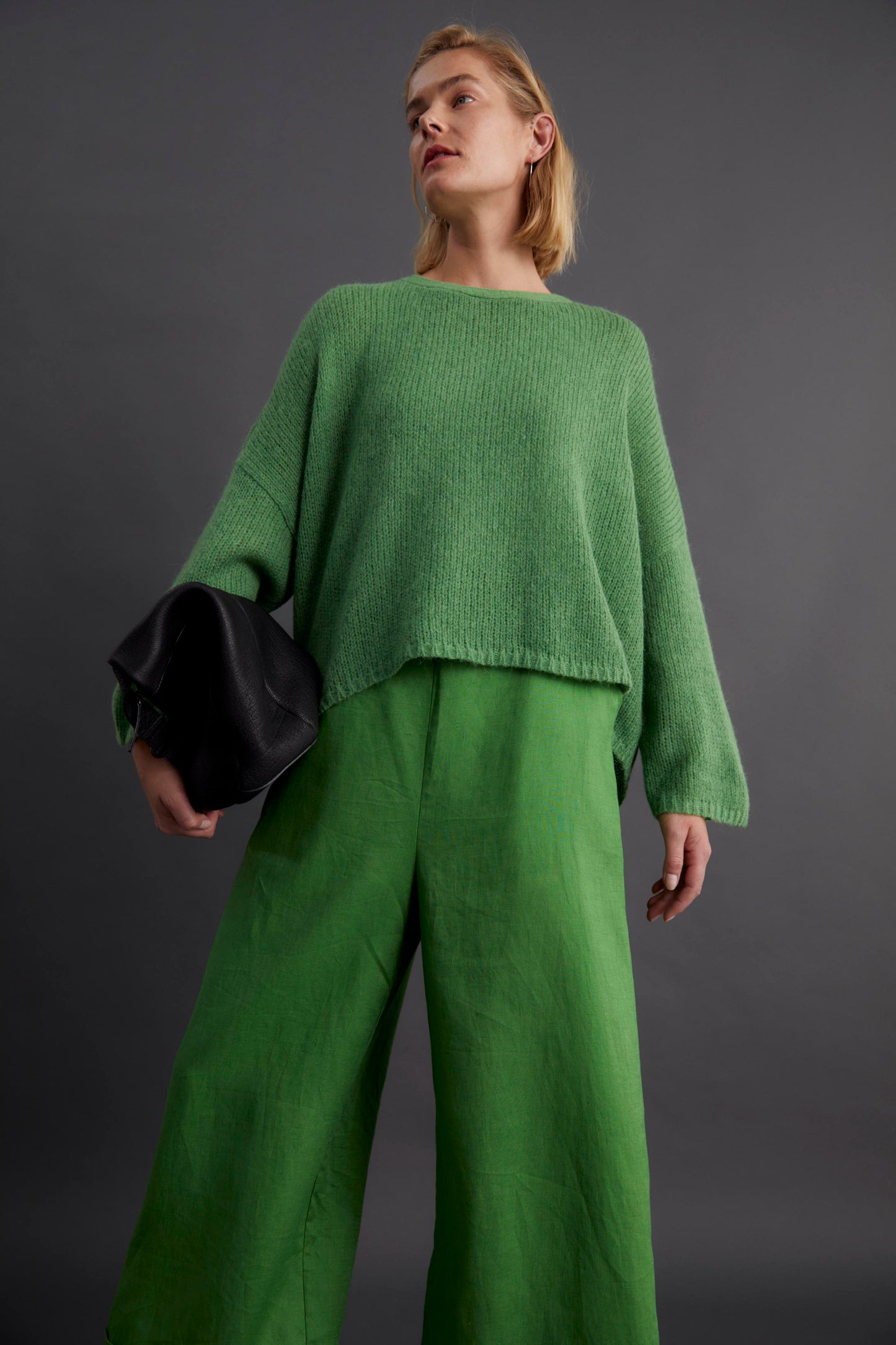 Agna Merino and Alpaca Wool Sweater Front Campaign Model | ALOE GREEN