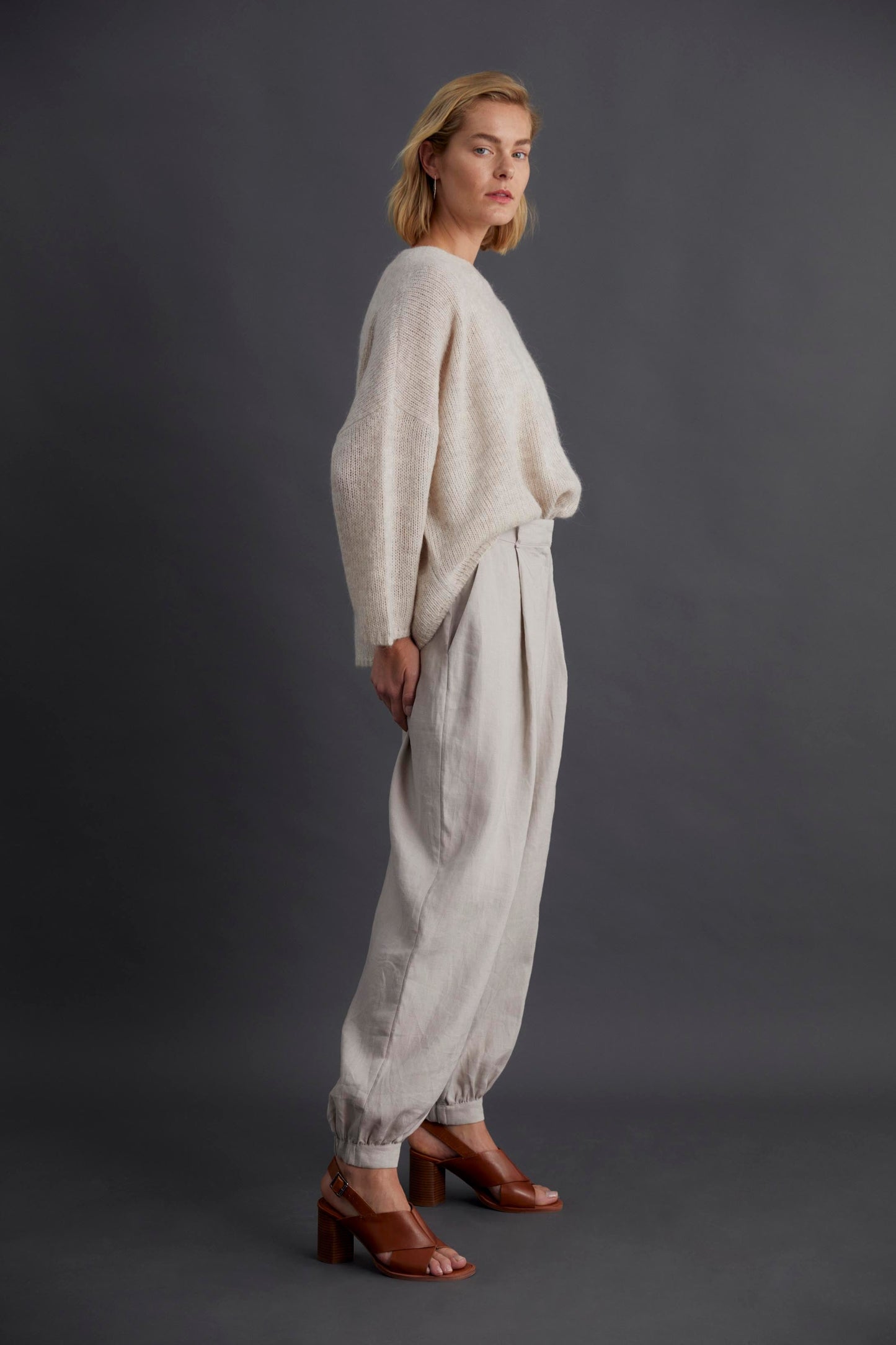 Agna Merino and Alpaca Wool Sweater Campaign Model Side | ECRU