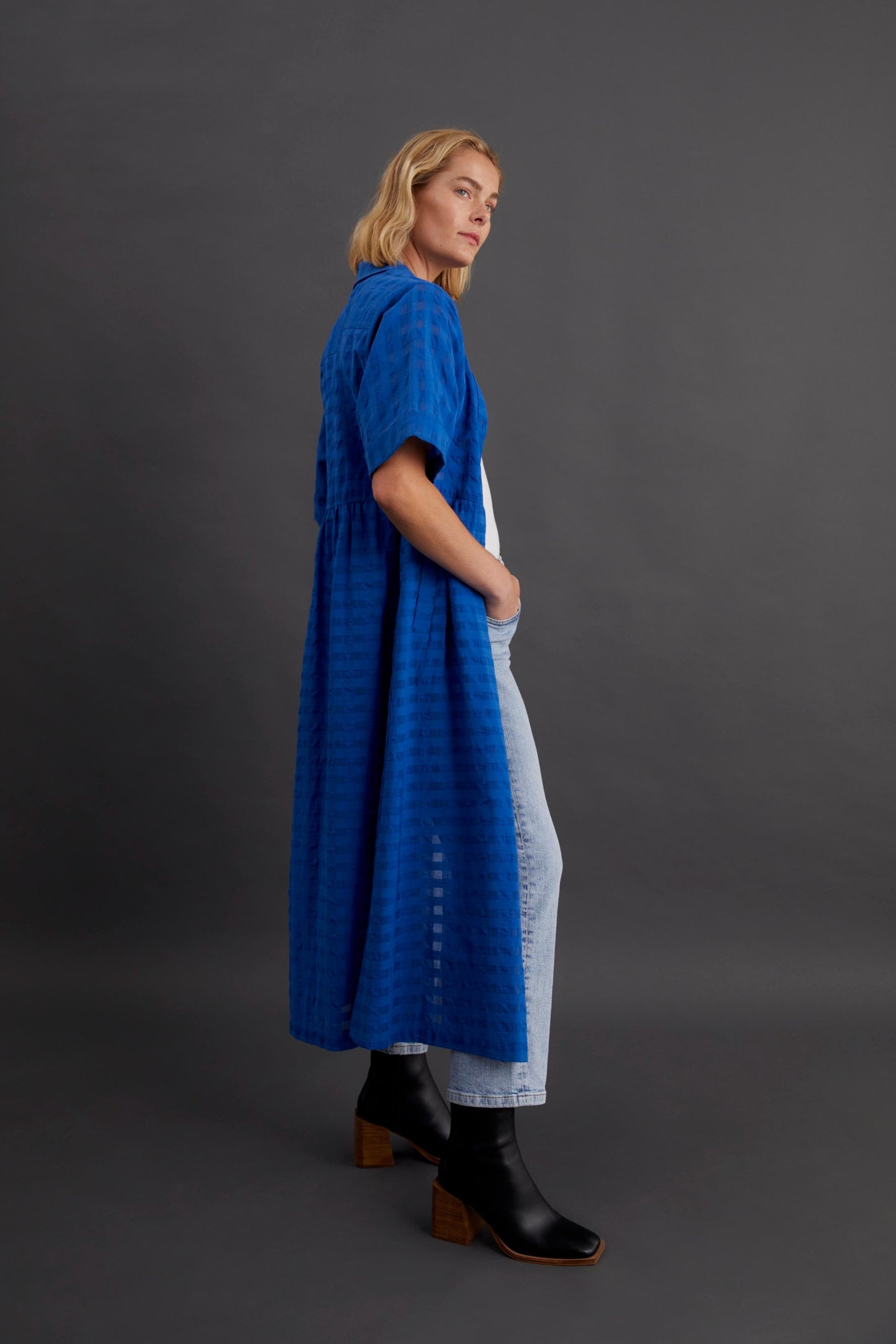 Leede Organic Cotton Woven Check Textured Shirt Dress Model Side Campaign | SEA BLUE