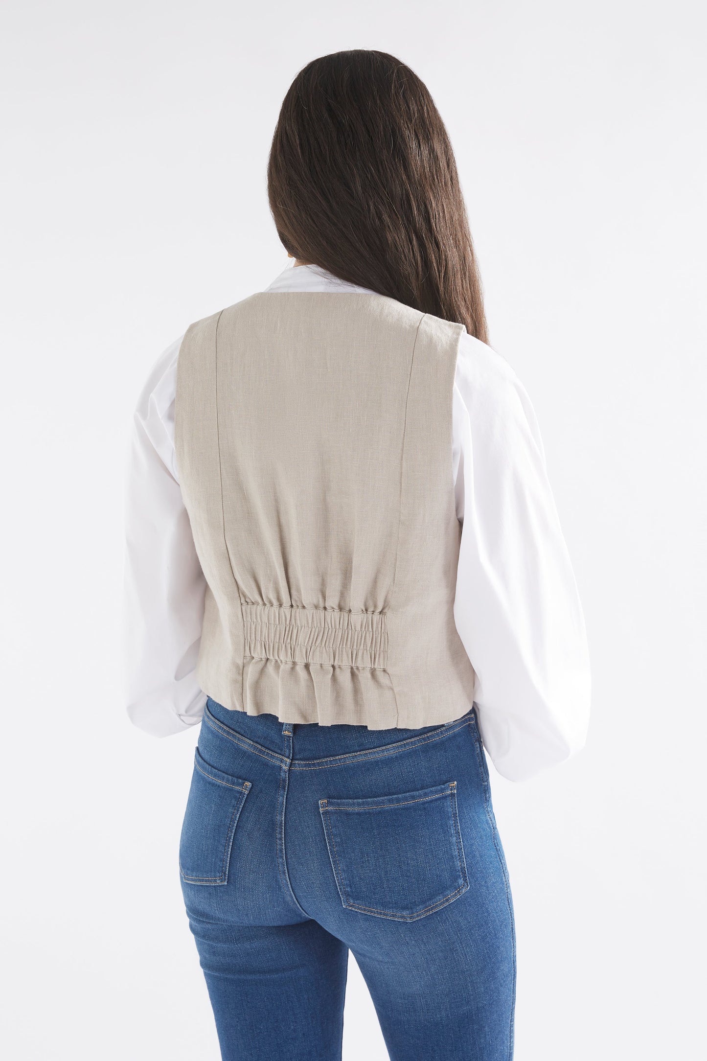 Ilona Linen Cropped Button-up Vest Model with Jean Back | FLAX