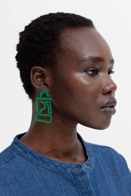 Vari Statement Colour Coated Metal Geometric Drop Earrings Model ALOE GREEN