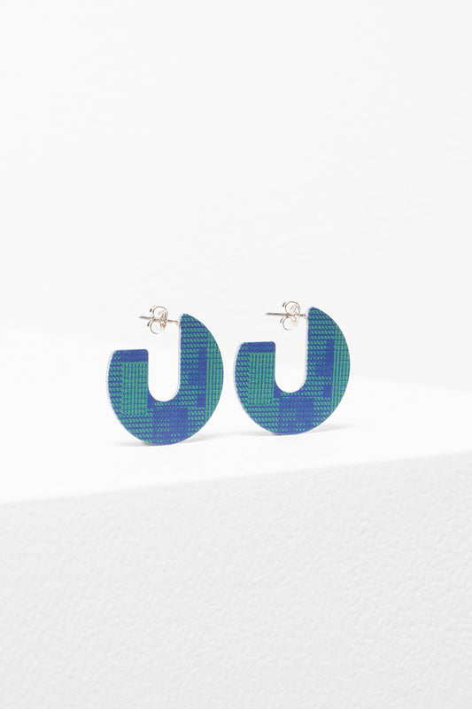 Ailani Colour Coated Stitch Print Round Stud Earring | TEAL CROSS STITCH PRINT