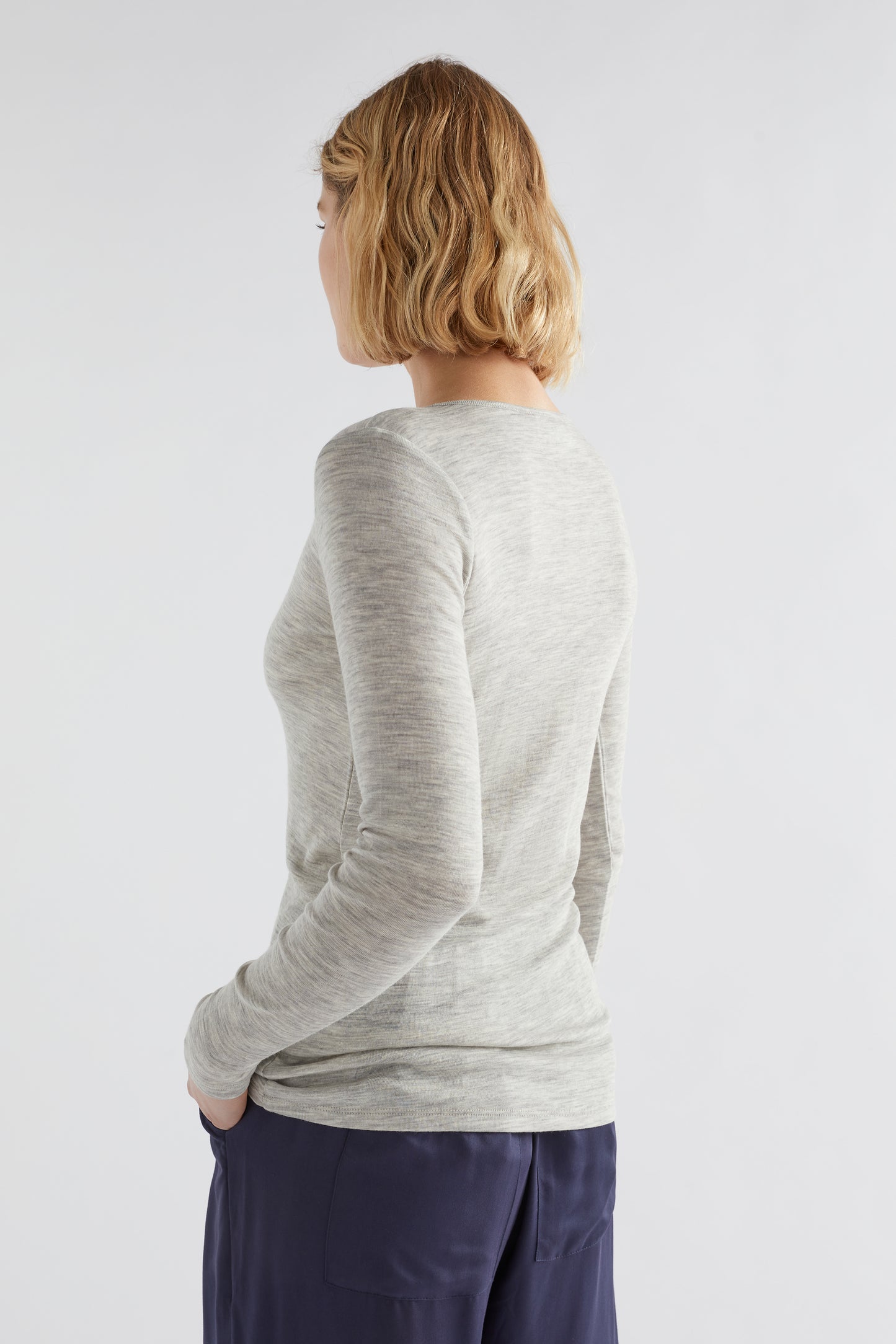 Merino Wool Long Sleeve Skin Top Model Jess back | Grey