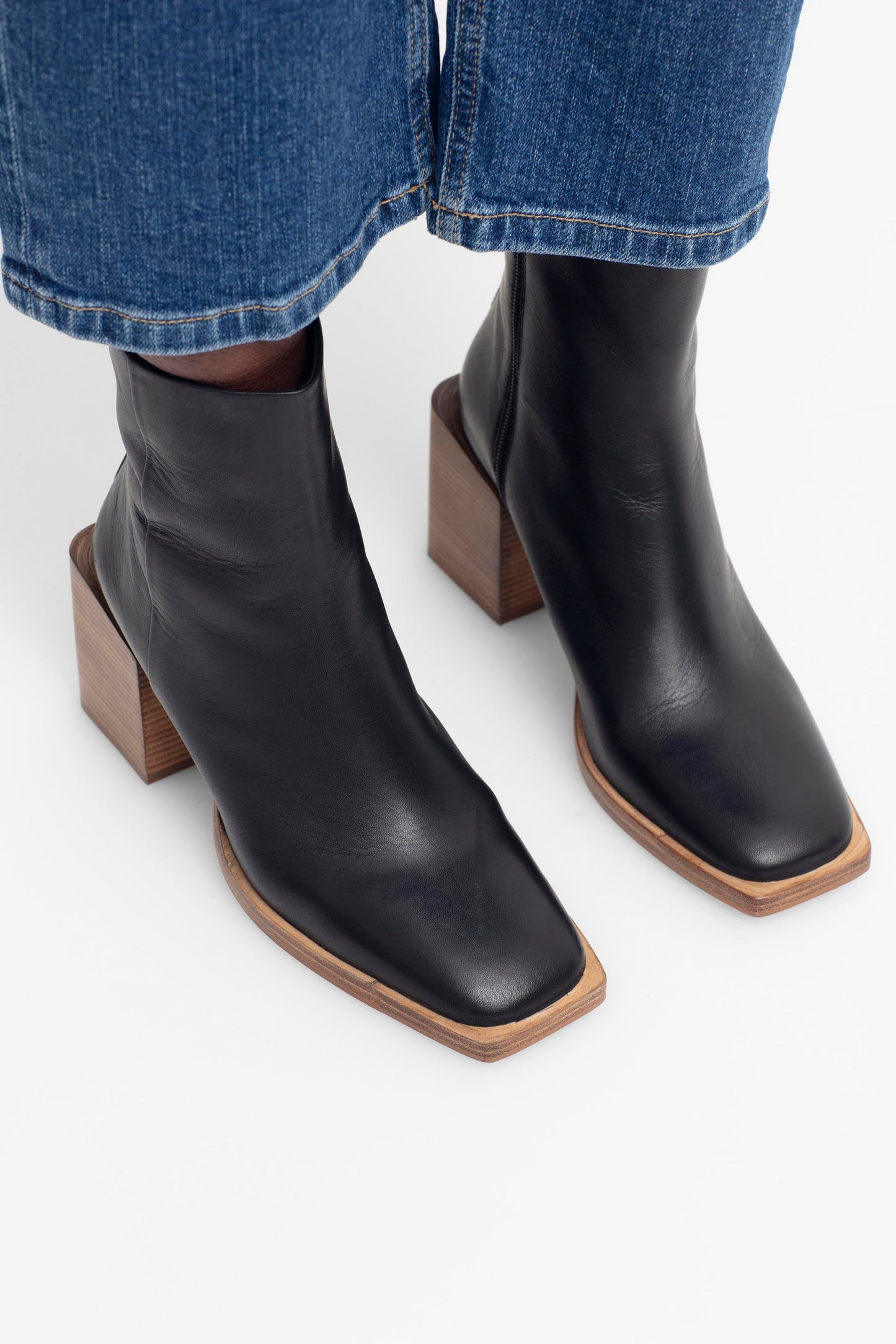 Hal Leather Square Toe Block Heel Boot Model Overhead Shot | BLACK