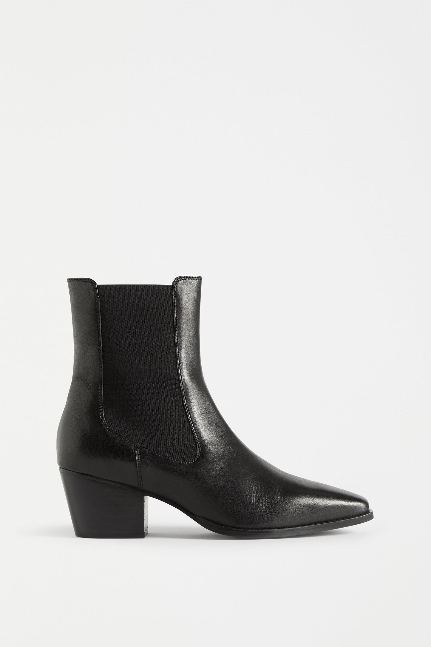 Vastra Pointed Square Toe Mid Heel Leather Slip on Boot Side | BLACK