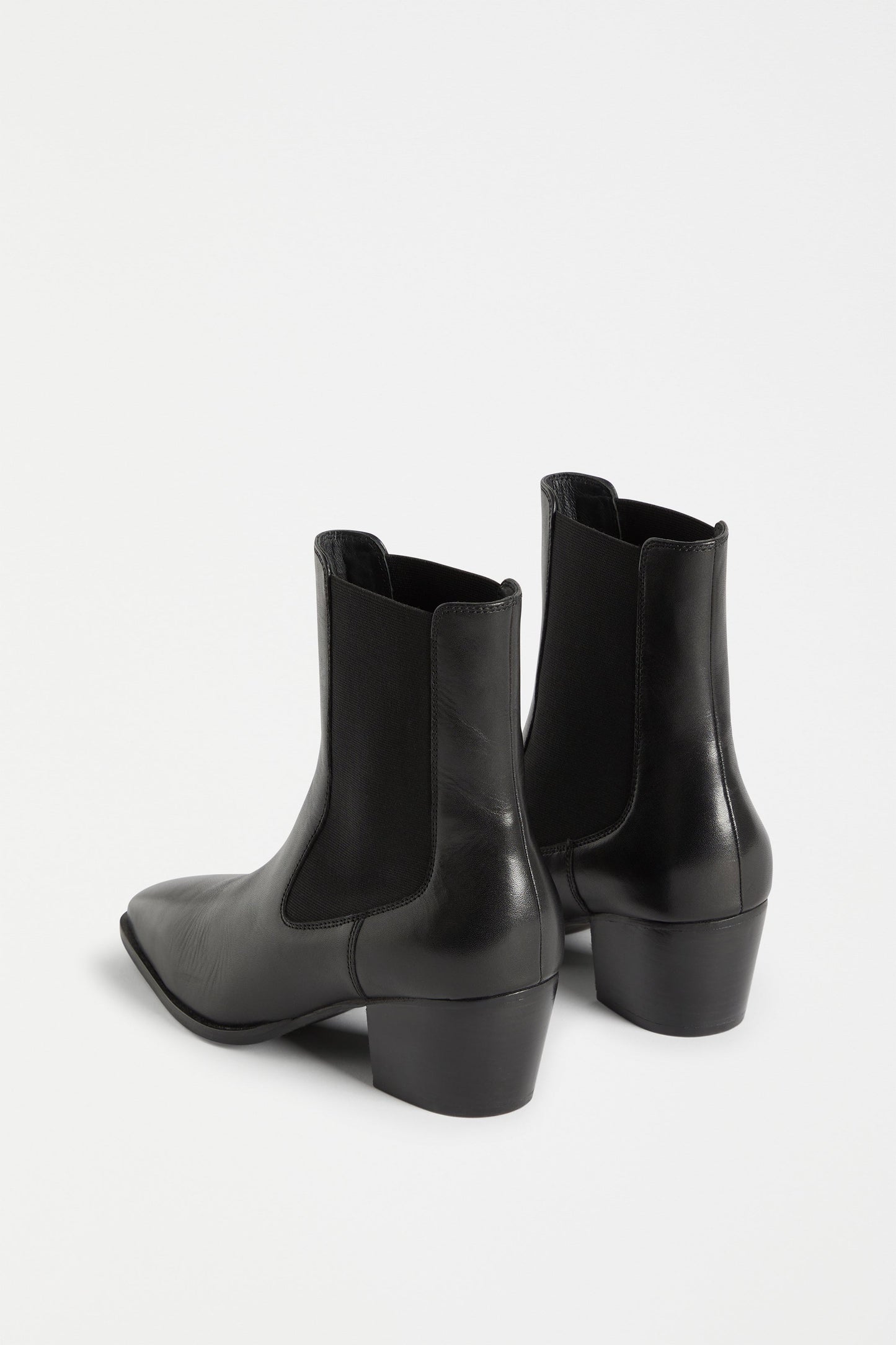 Vastra Pointed Square Toe Mid Heel Leather Slip on Boot Angled Back | BLACK