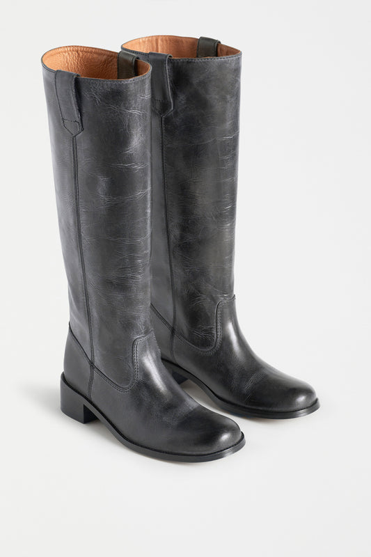 Anna Escovado Natural Worn Look Knee High Leather Boots Angled Front | BLACK