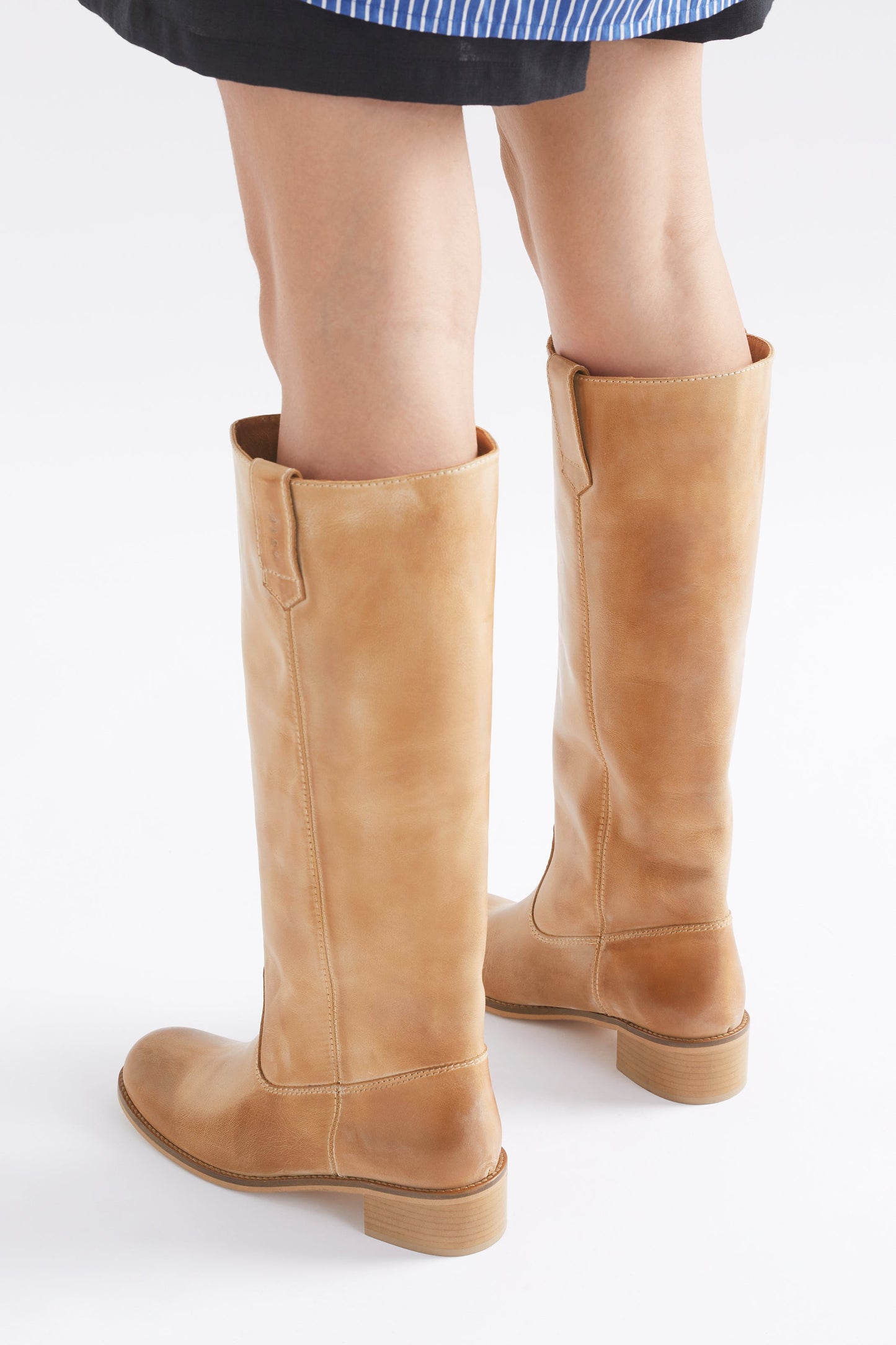 Anna Escovado Natural Worn Look Knee High Leather Boots Angled Back on Model | TAN