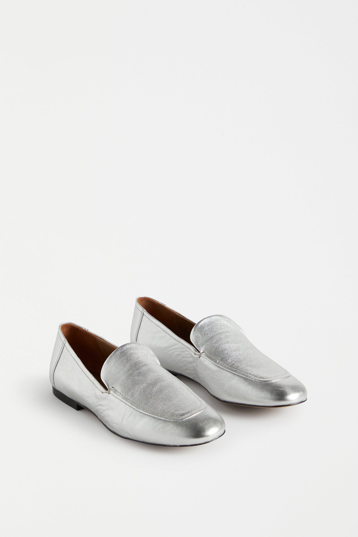 Clift Metallic Silver Leather Flat Loafer Angled Front | SILVER