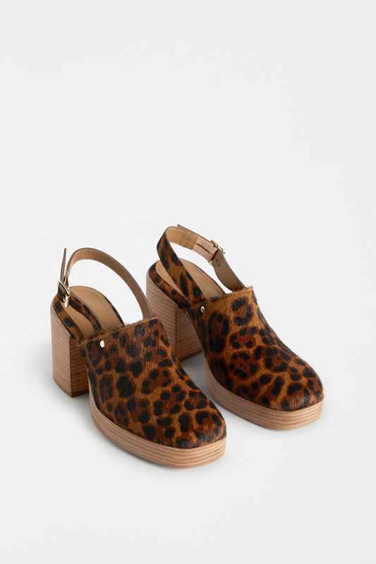 Stockholm Chunky Heel Slip on Clog with Back Strap in Animal Print Angled Front | ANIMAL PRINT
