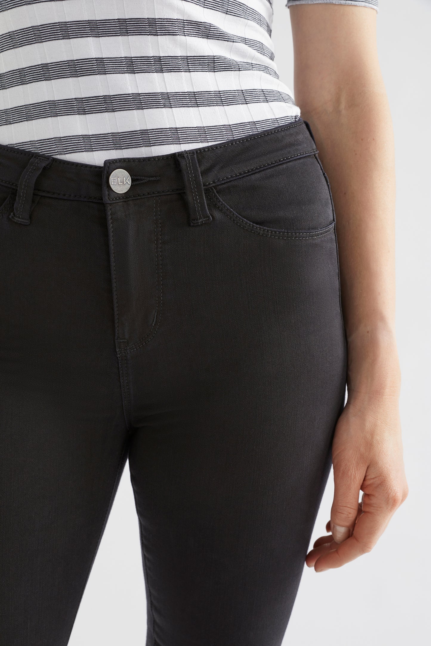 Oslo Black Denim Jeans Front On Model detail