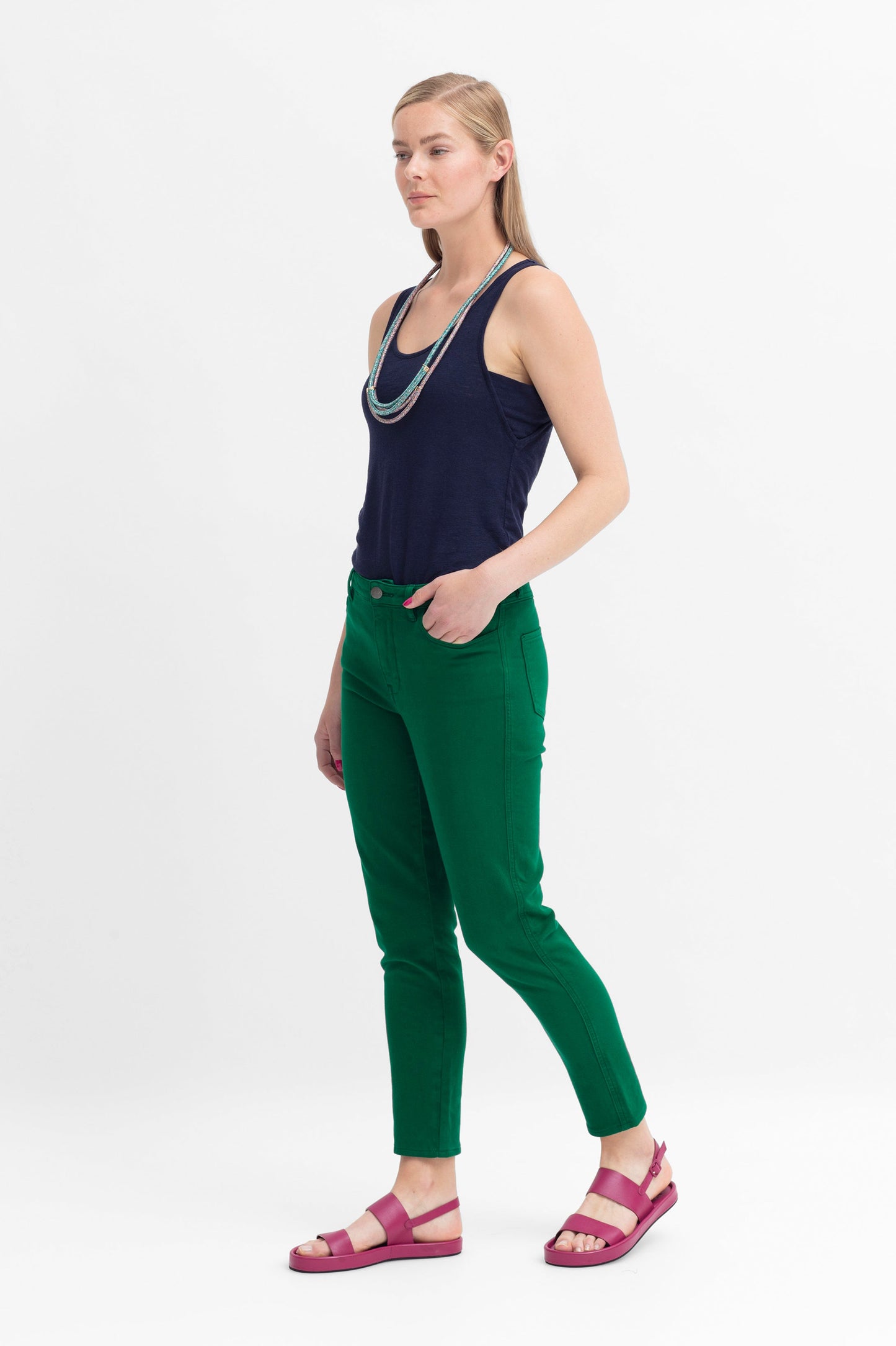 Ilka Organic Cotton Slim Fit Stretch Jean Model Side | CEDAR GREEN