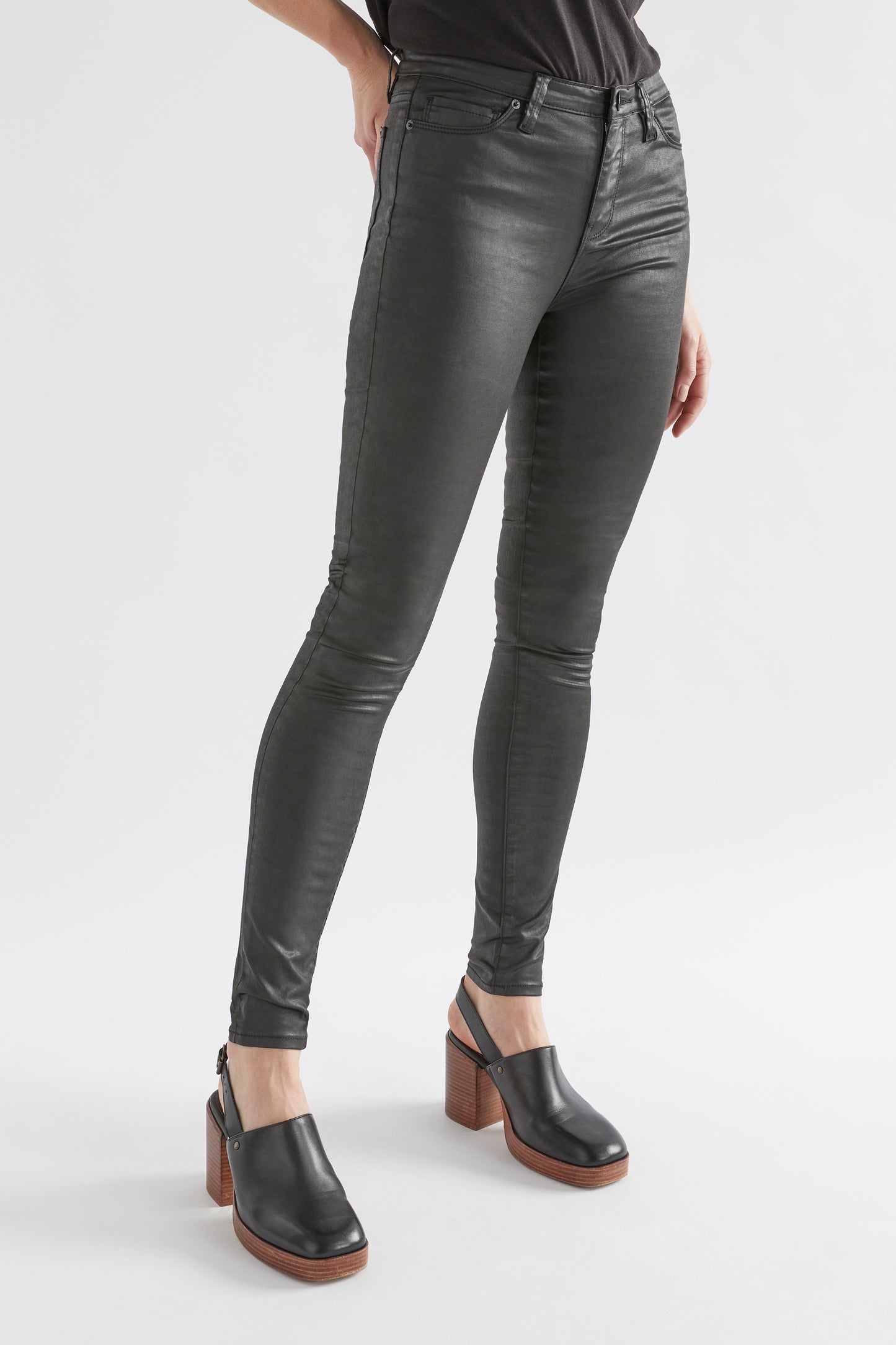 Oslo Coated Mid-Rise Skinny Jean Model Angled Front Crop Jess