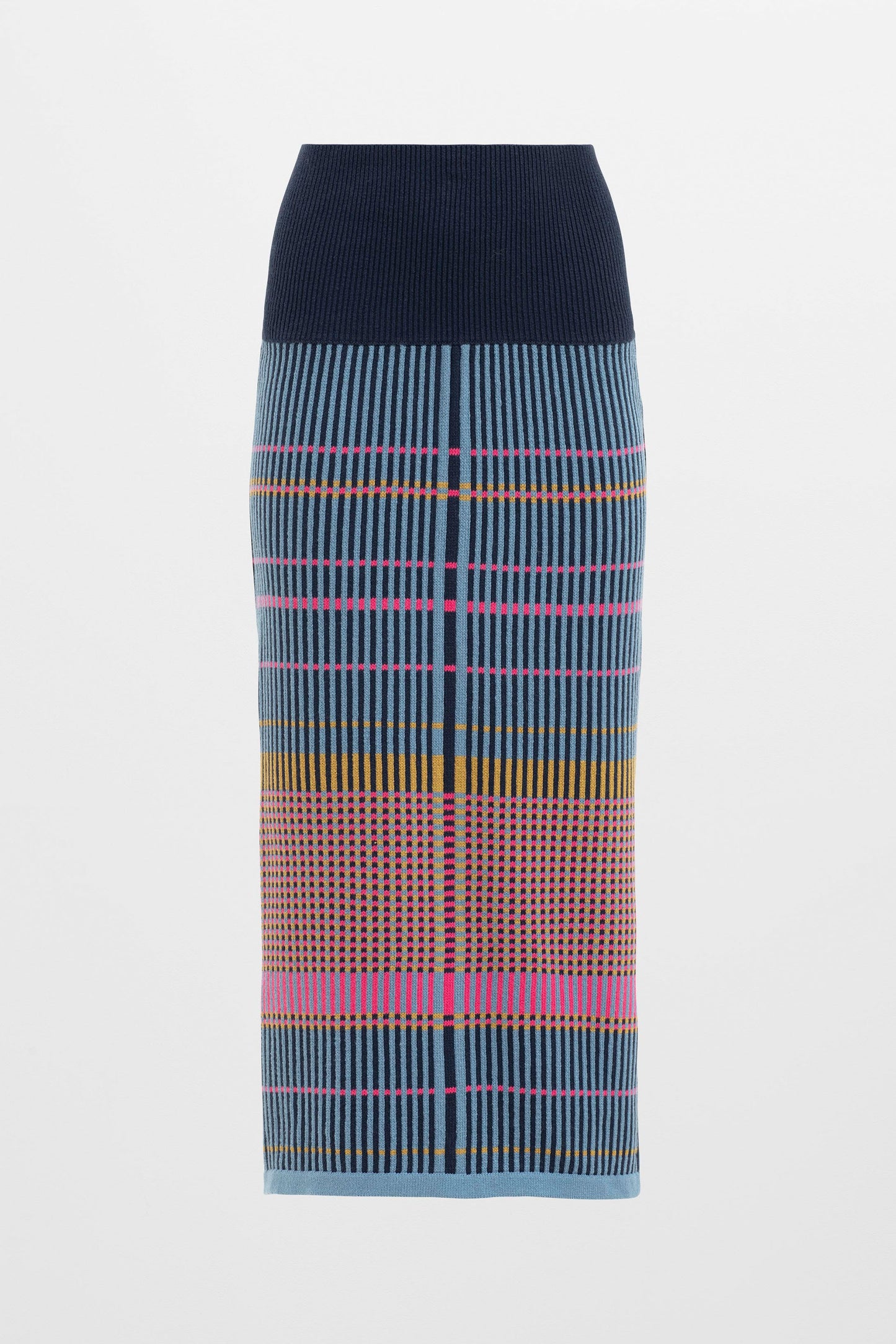 Cila Statement Multi Coloured Check Cotton Knit Midi Skirt Front | PINK MULTI