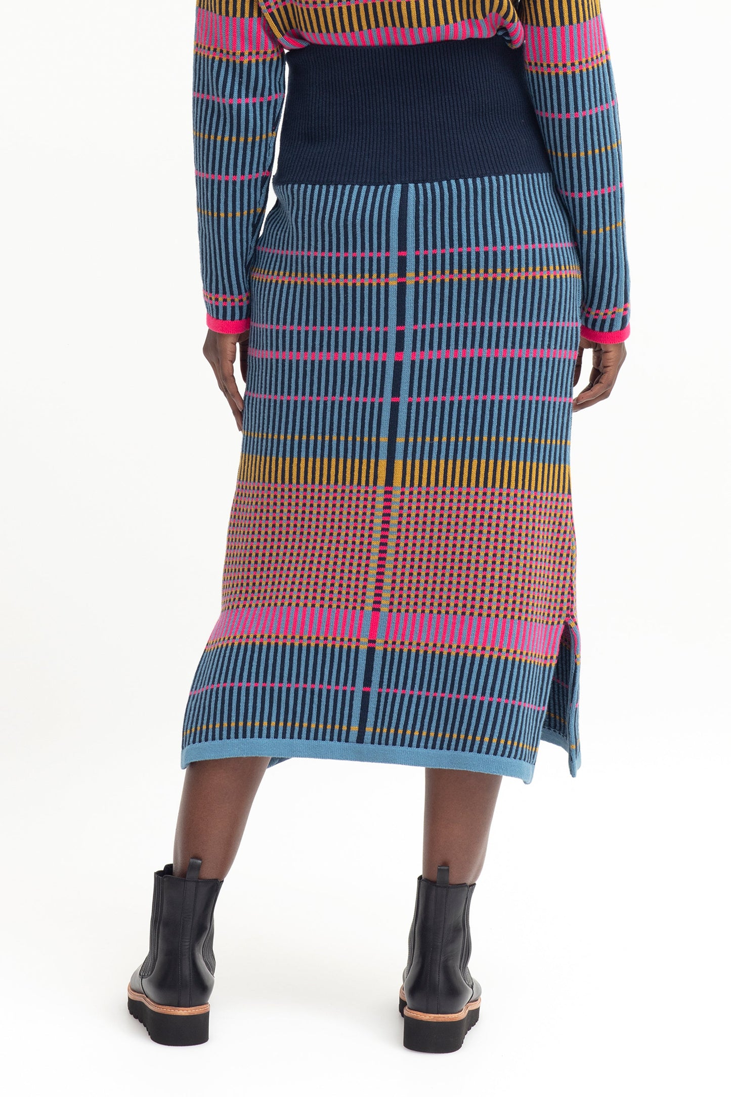 Cila Statement Multi Coloured Check Cotton Knit Midi Skirt Model Back | PINK MULTI
