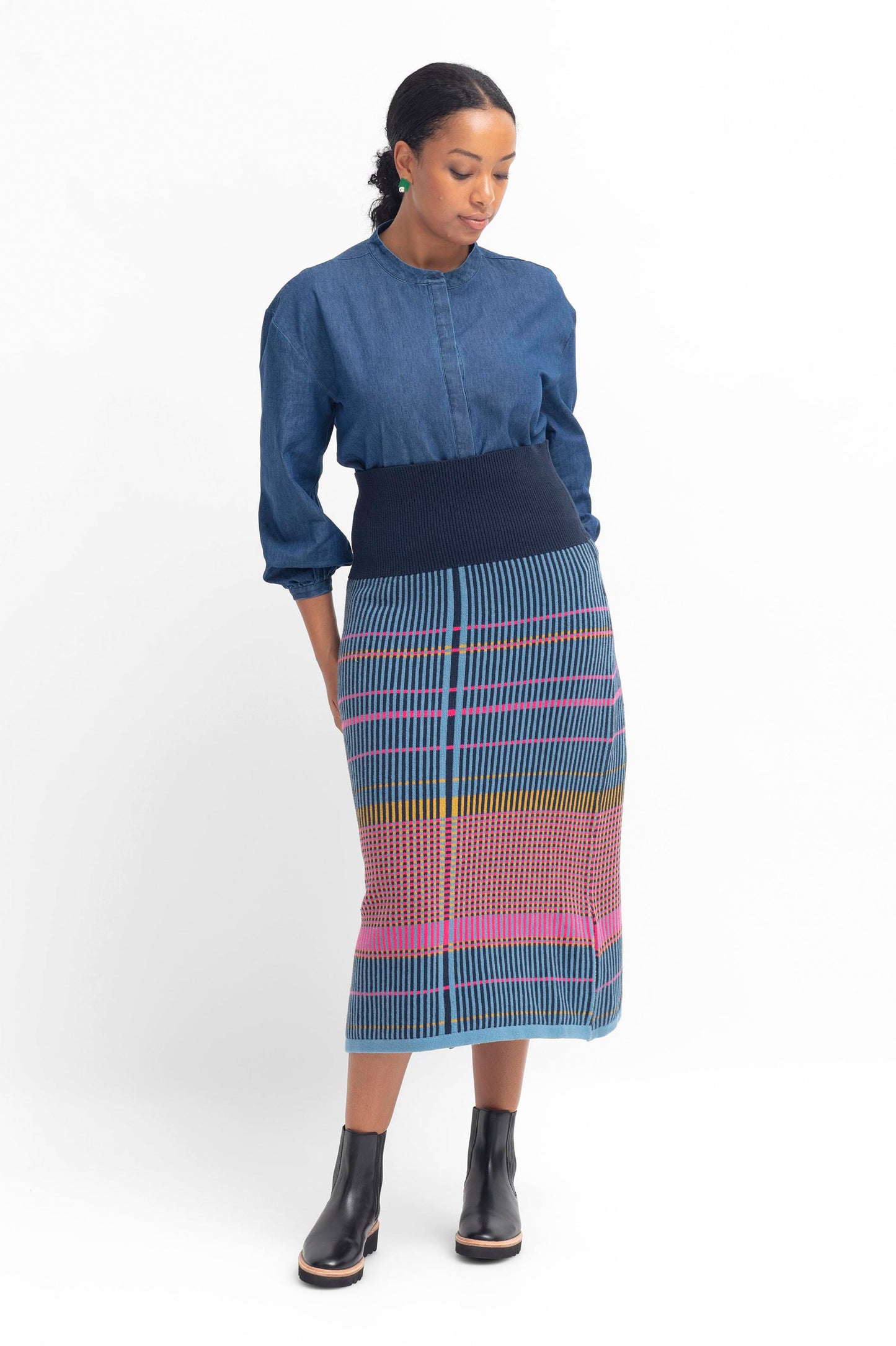 Cila Statement Multi Coloured Check Cotton Knit Midi Skirt Model Front Full Body with Jin Shirt | PINK MULTI