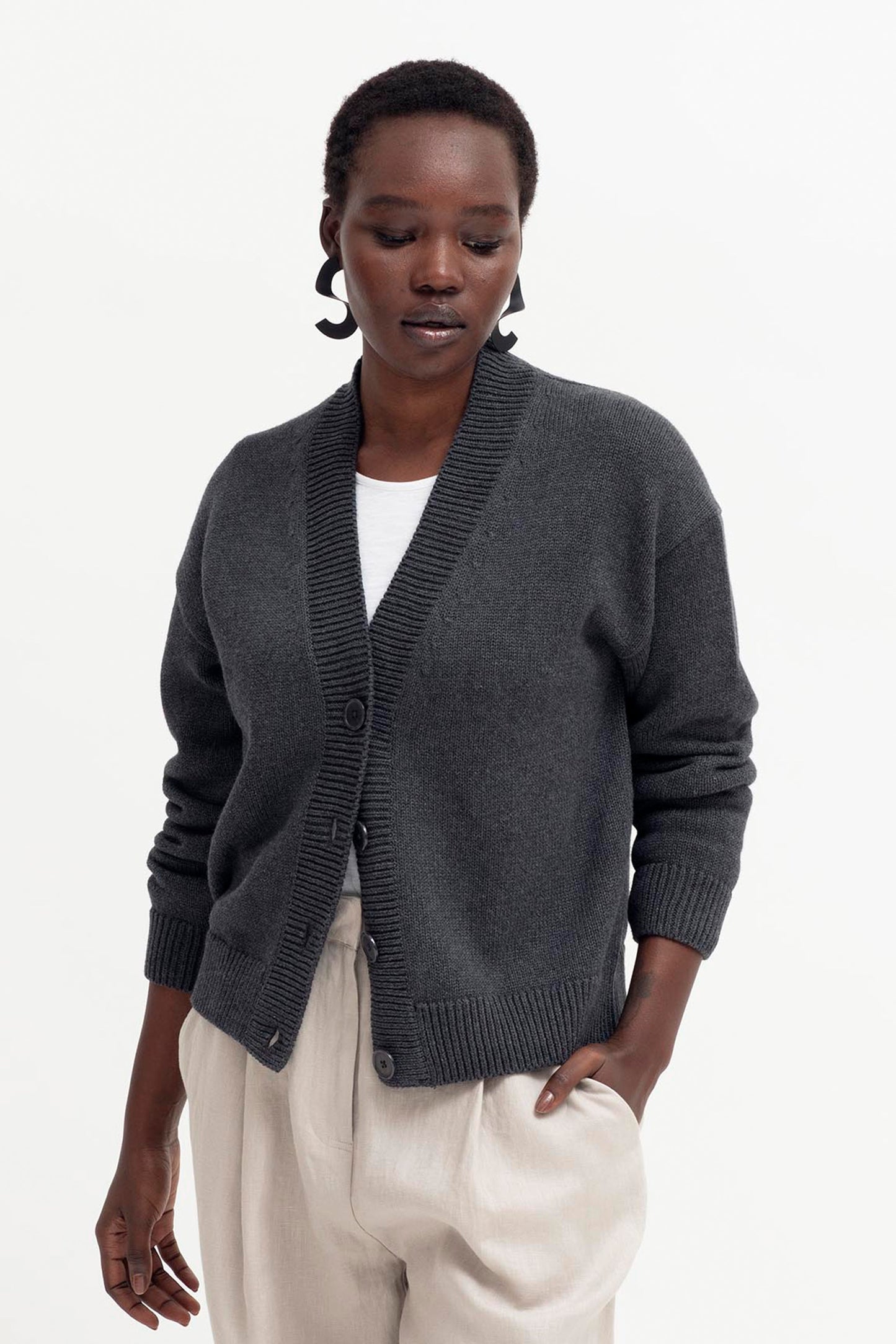 Willow Organic Cotton Everyday Knit Cardigan Model Front | CHARCOAL MARLE